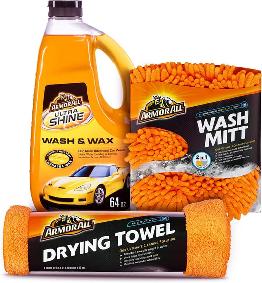 Armor All Kit de Lavado de Coches, Incluye jabón de Lavado de Coches, Guante de Lavado y Toalla de Microfibra (Kit de 3 Piezas)