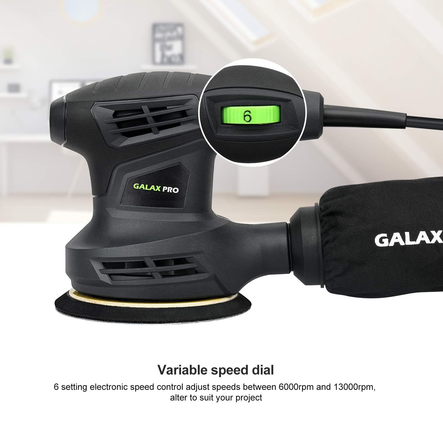 GALAX PRO - Lijadora orbital de 280 W 13000 OPM Max 6 velocidades variables con 15 discos de lijado, lijadora eléctrica de 5 pulgadas con colector de polvo para lijado y pulido