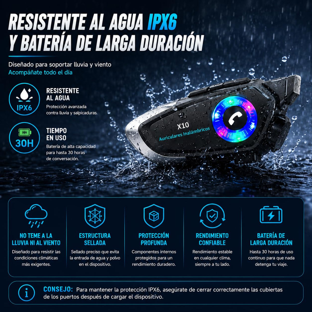 Audífonos Bluetooth para Casco 5.4 con Reducción de Ruido e Impermeable
