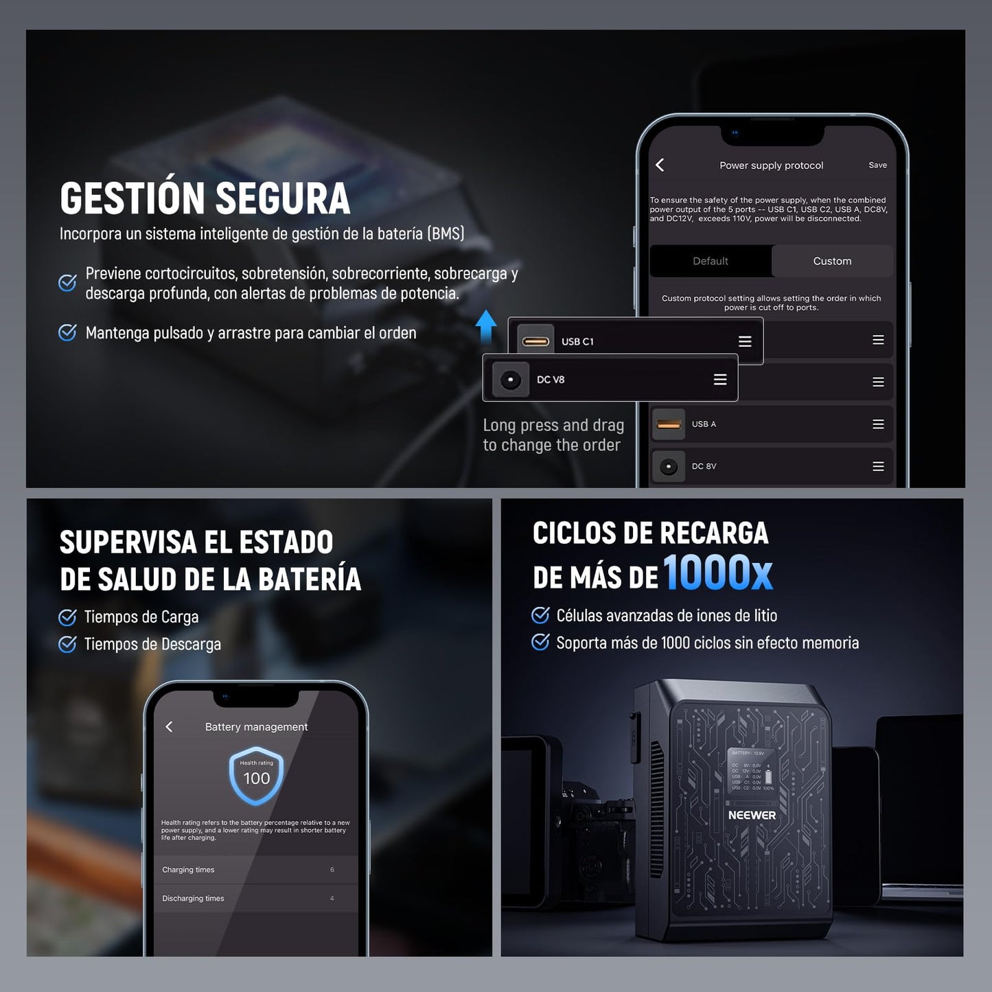 Batería Mini V Mount NEEWER Negra con Control App y Carga Rápida para Cámara y Luz Video