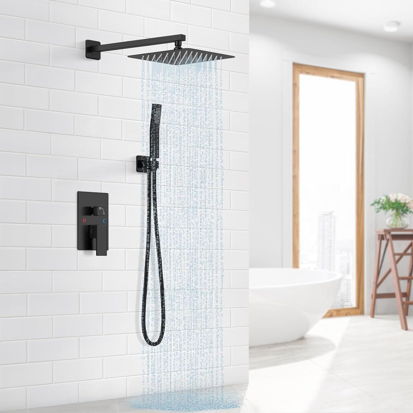 Grifos Ducha Empotrados Set- UCMDA Sistema de Ducha Inteligente Mezclador, Regadera Negro para Baño, Cabeza de Ducha Cuadrada de 10 Pulgadas y Rociador Ducha Mano Incluida Válvula Empotrada Kit