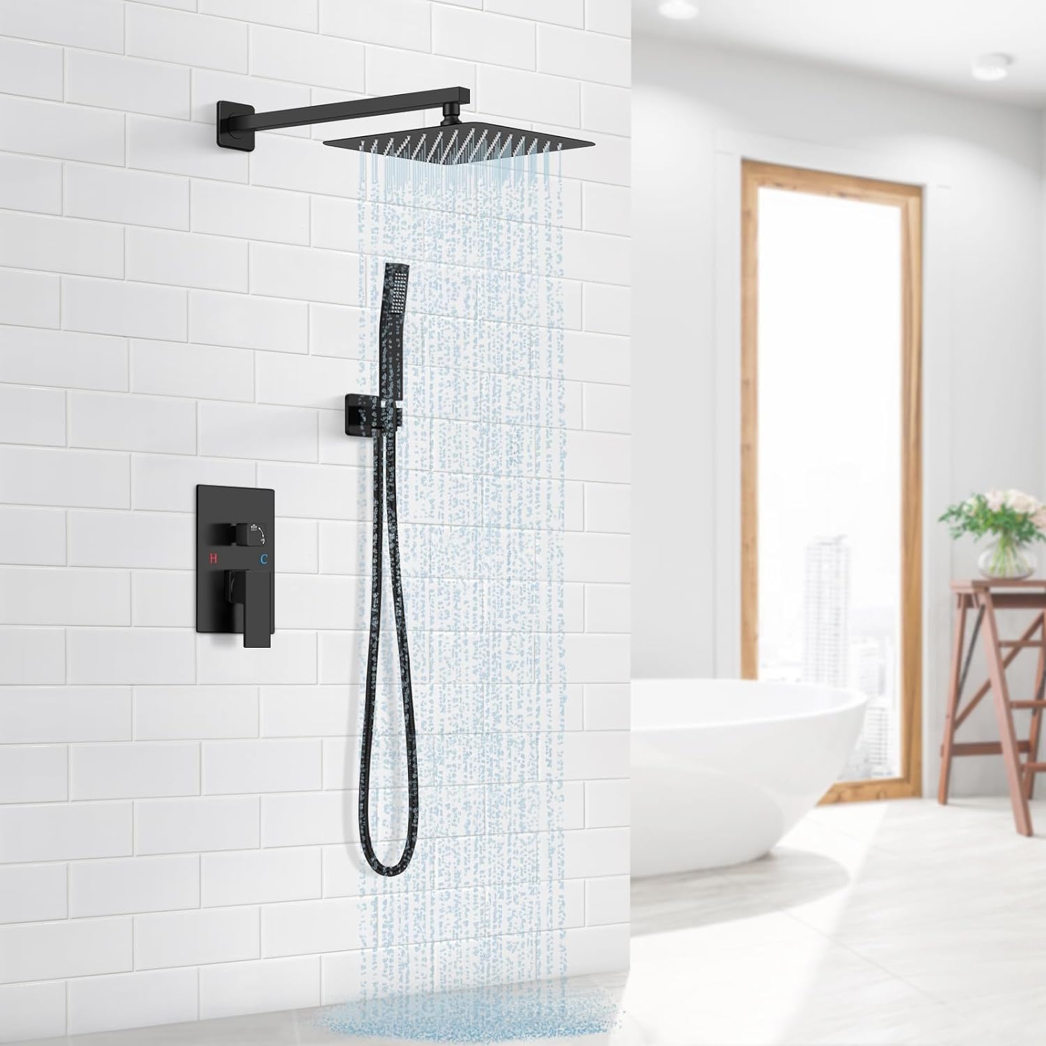 Grifos Ducha Empotrados Set- UCMDA Sistema de Ducha Inteligente Mezclador, Regadera Negro para Baño, Cabeza de Ducha Cuadrada de 10 Pulgadas y Rociador Ducha Mano Incluida Válvula Empotrada Kit