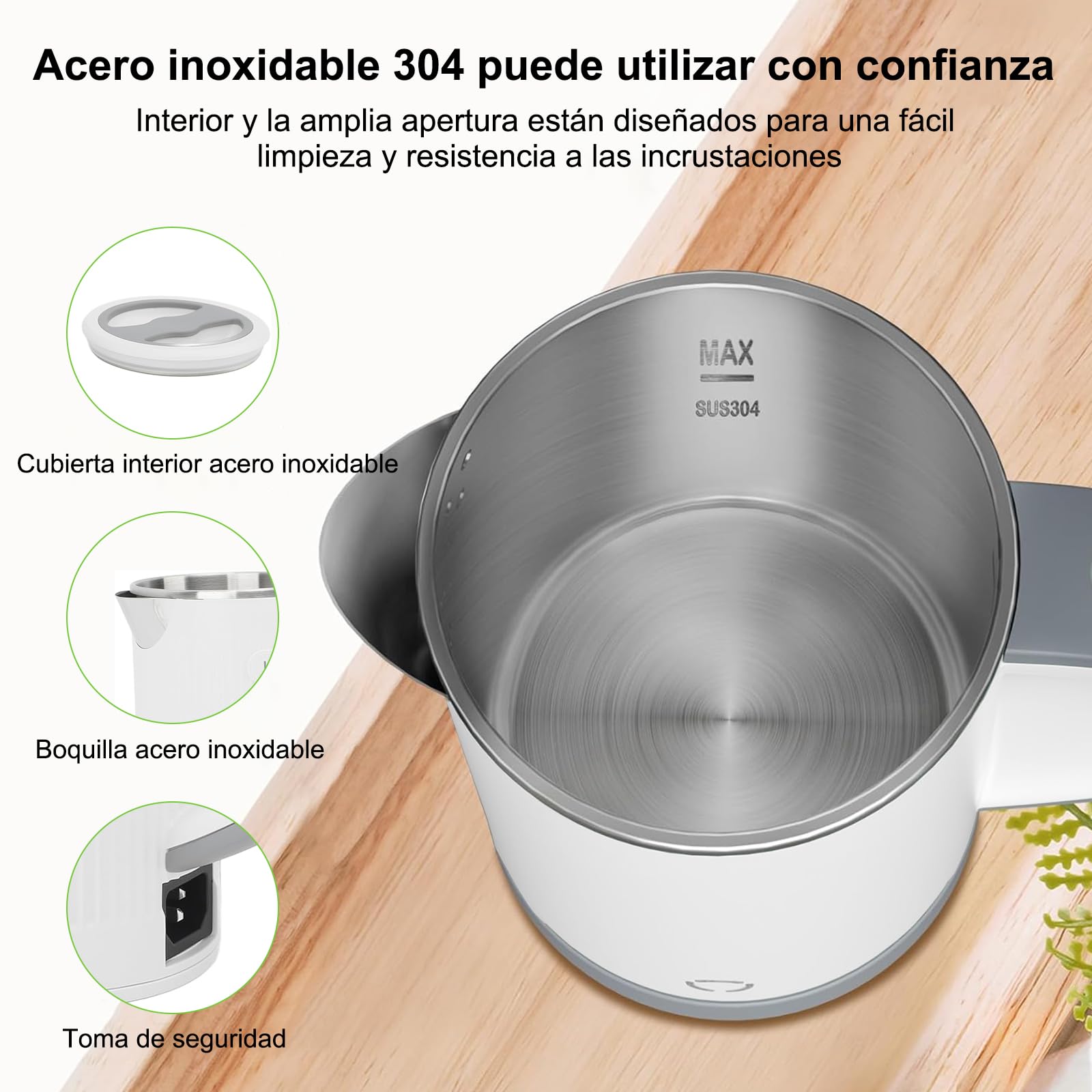 Tetera Eléctrica RYEWGRV Blanca Acero Inoxidable Portátil 0.8 L 600 W con Luz LED y Apagado Automático