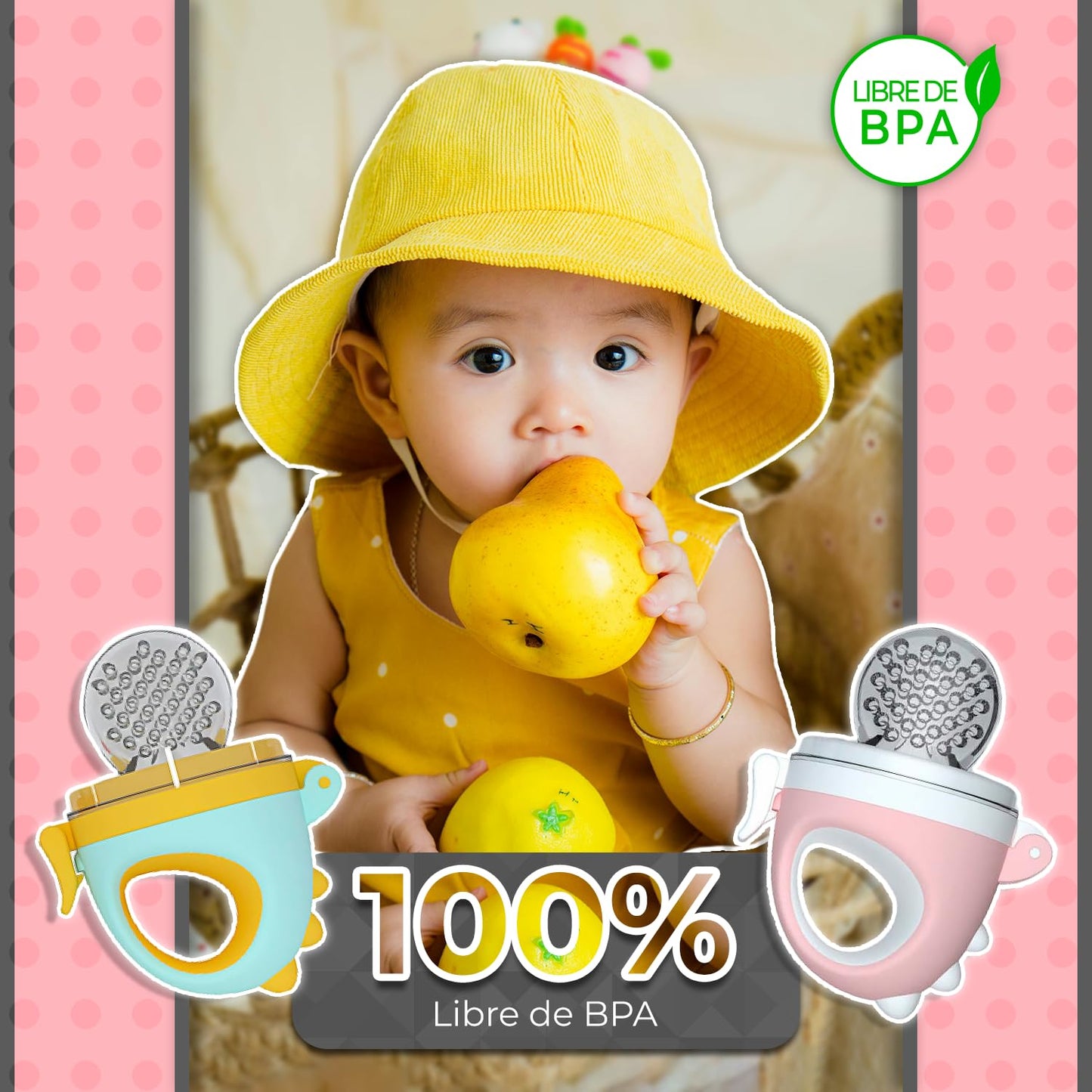 Chupón para Fruta y Papilla, con Seguro y Tapa, Diseños de Dinosaurio, 2 Piezas, Varios Colores y Libre de BPA, Para Niño y Niña | Rosa y Verde Amarillo