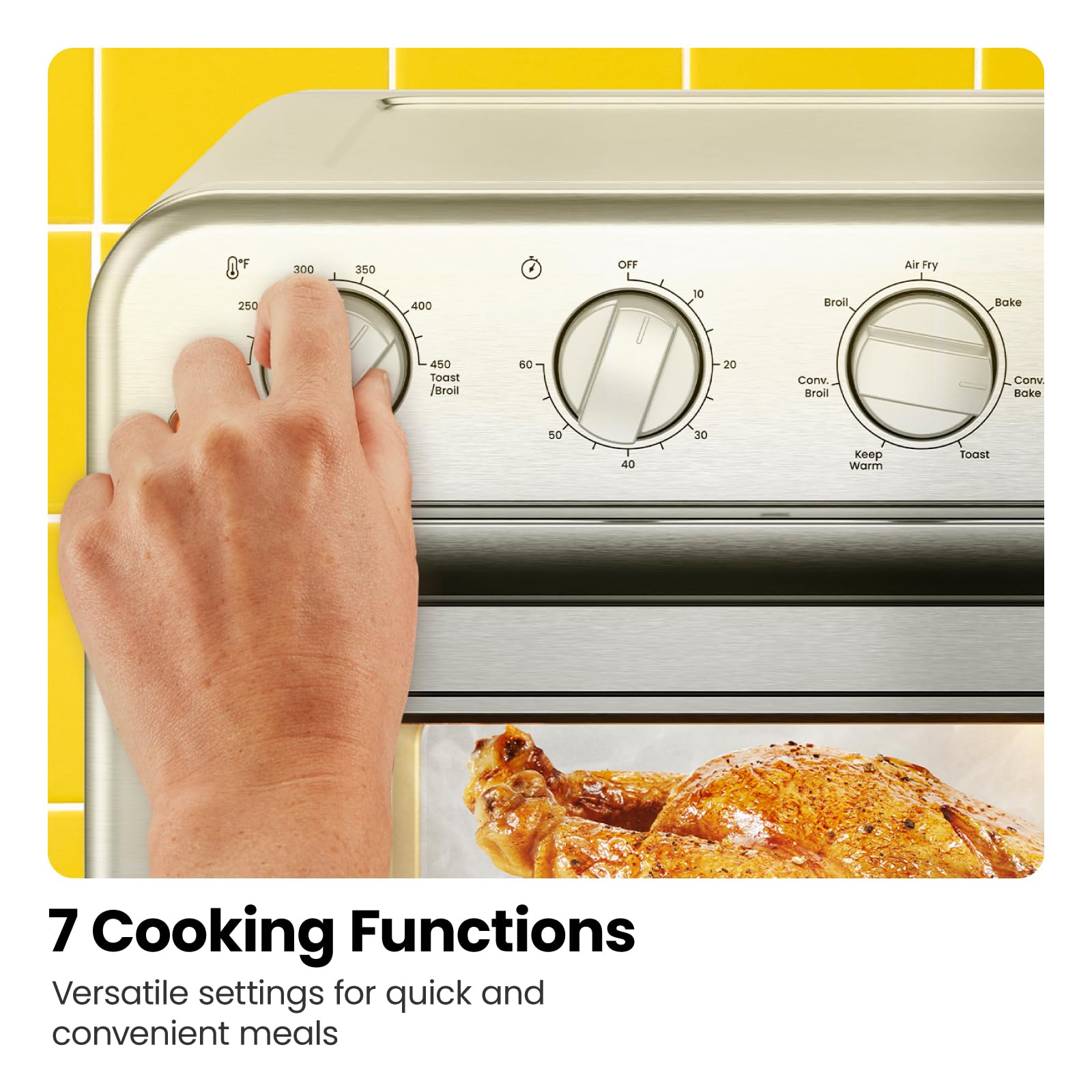 Chefman Combo de horno tostador de freidora de aire, 7 en 1, horno de convección extra grande de 18 L, cocinar una pizza de 10 pulgadas, temporizador integrado, apagado automático, acero inoxidable