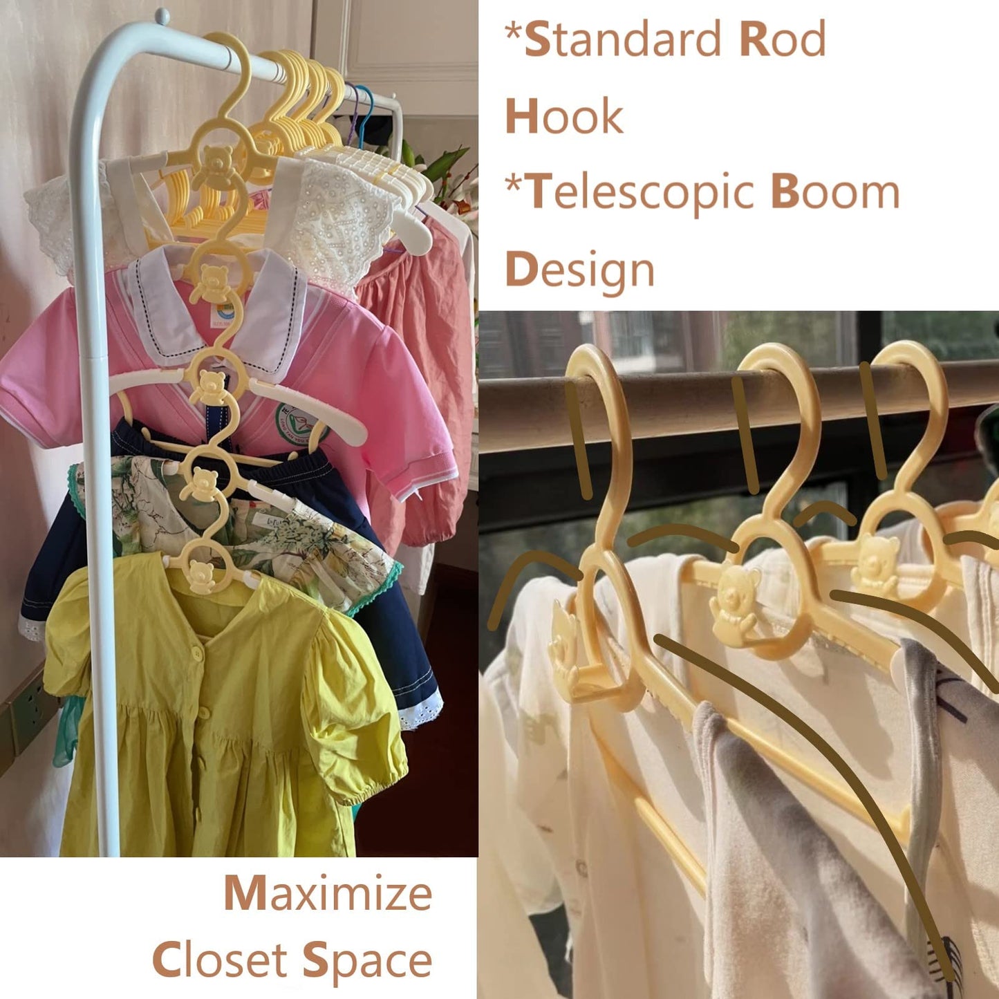 HGYZE Perchas para Clóset de Guardería de Bebé, Ultradelgadas Antideslizantes y Extensibles Percha de Pantalones Infantiles para Ropa de Recién Nacido -20pcs Regalo Amarillo- Percha de Abrigo