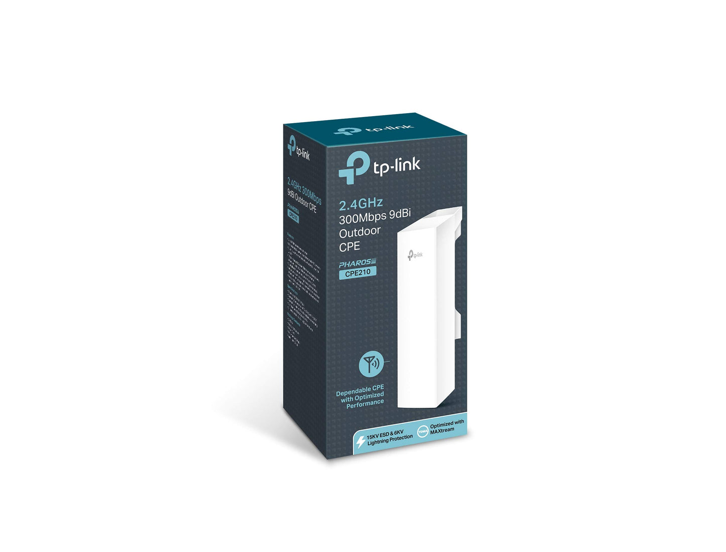 TP-Link CPE210 CPE de Exterior 2.4GHz 300Mbps 9dBi, 2 Antenas MIMO Direccionales, Potencia de 0 a 27dBm / 500mw, Más de 5 kilómetros de Transmisión, Tecnología Pharos MAXtream