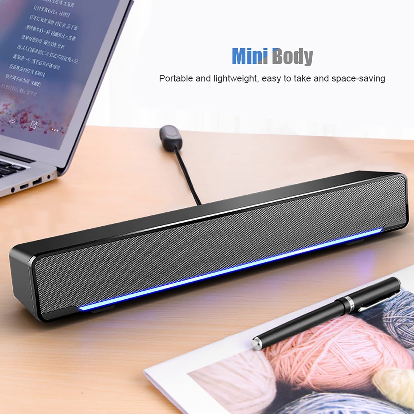 Ejoyous Barra de sonido estéreo con cable USB, compatible con múltiples dispositivos, diseño clásico y duradero en negro