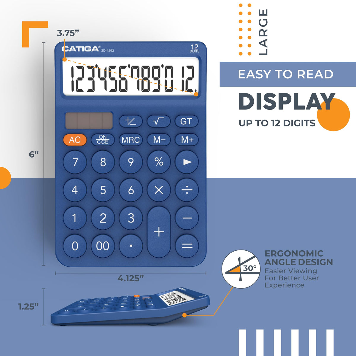 Calculadora Básica CATIGA Negra Visualización LCD Grande Energía Solar y Batería para Oficina