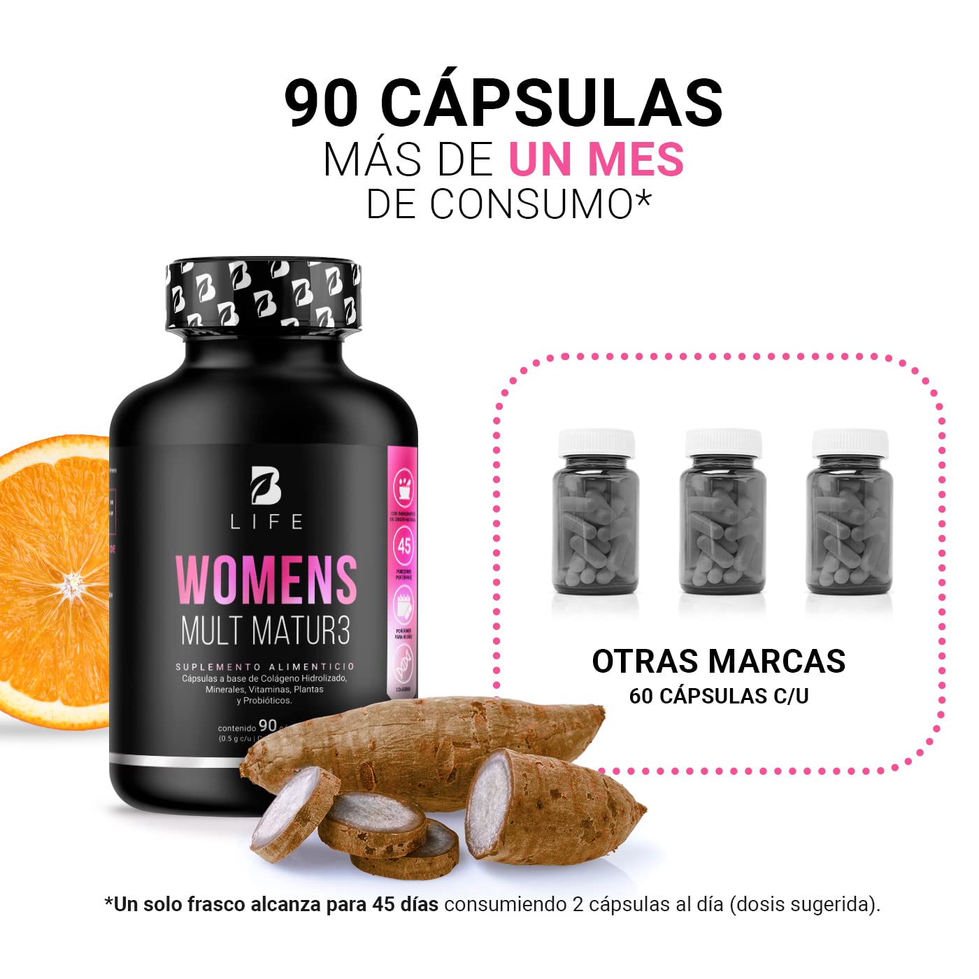 B Life Company Multivitamínico para Mujer Mayor de 40 años con 90 Cápsulas. Ingredientes naturales: Colágeno, Inositol, Maca, Probioticos. Womens Mult Mature.