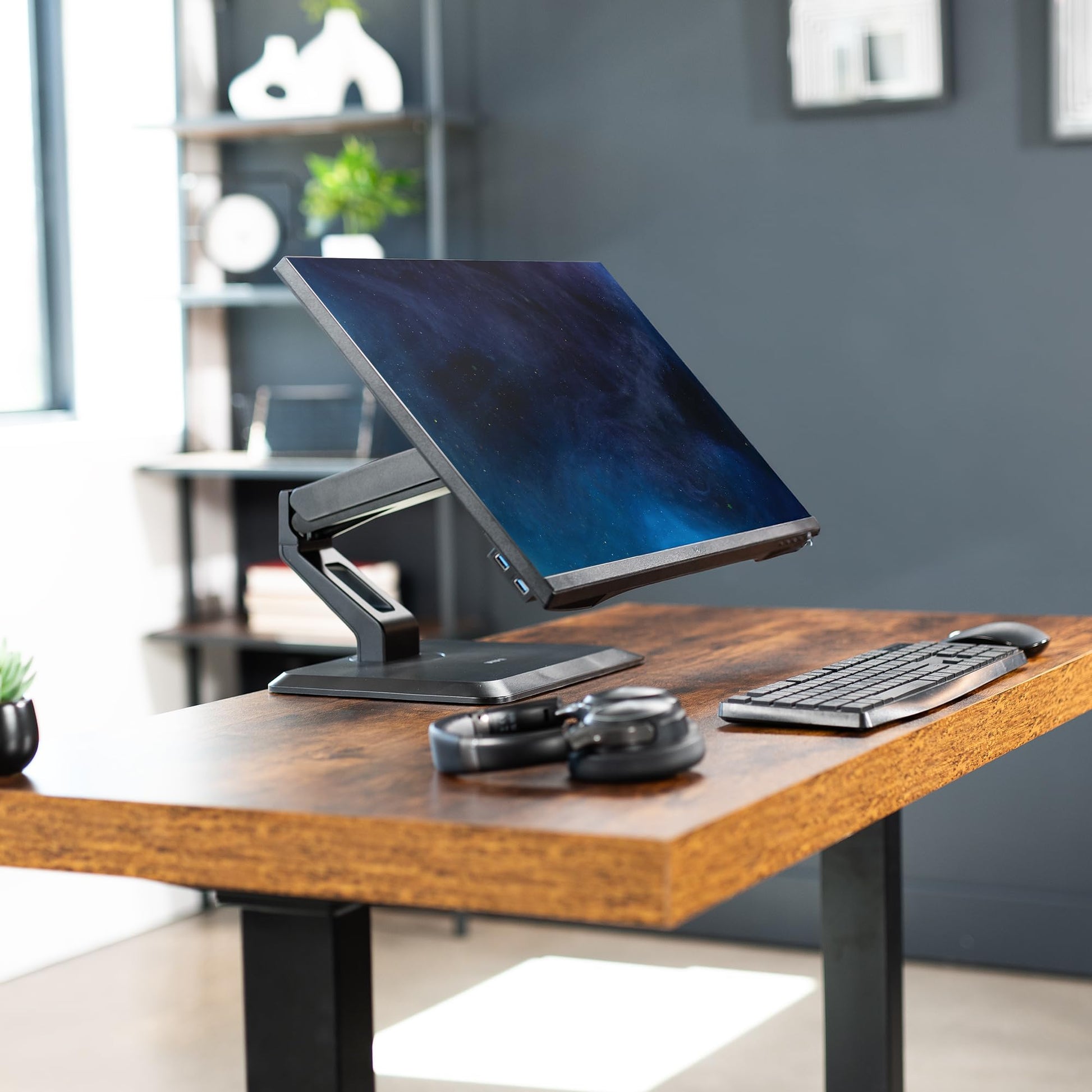 Soporte de Monitor VESA VIVO Negro con Brazo Neumático y Base Giratoria para Visualización Táctil