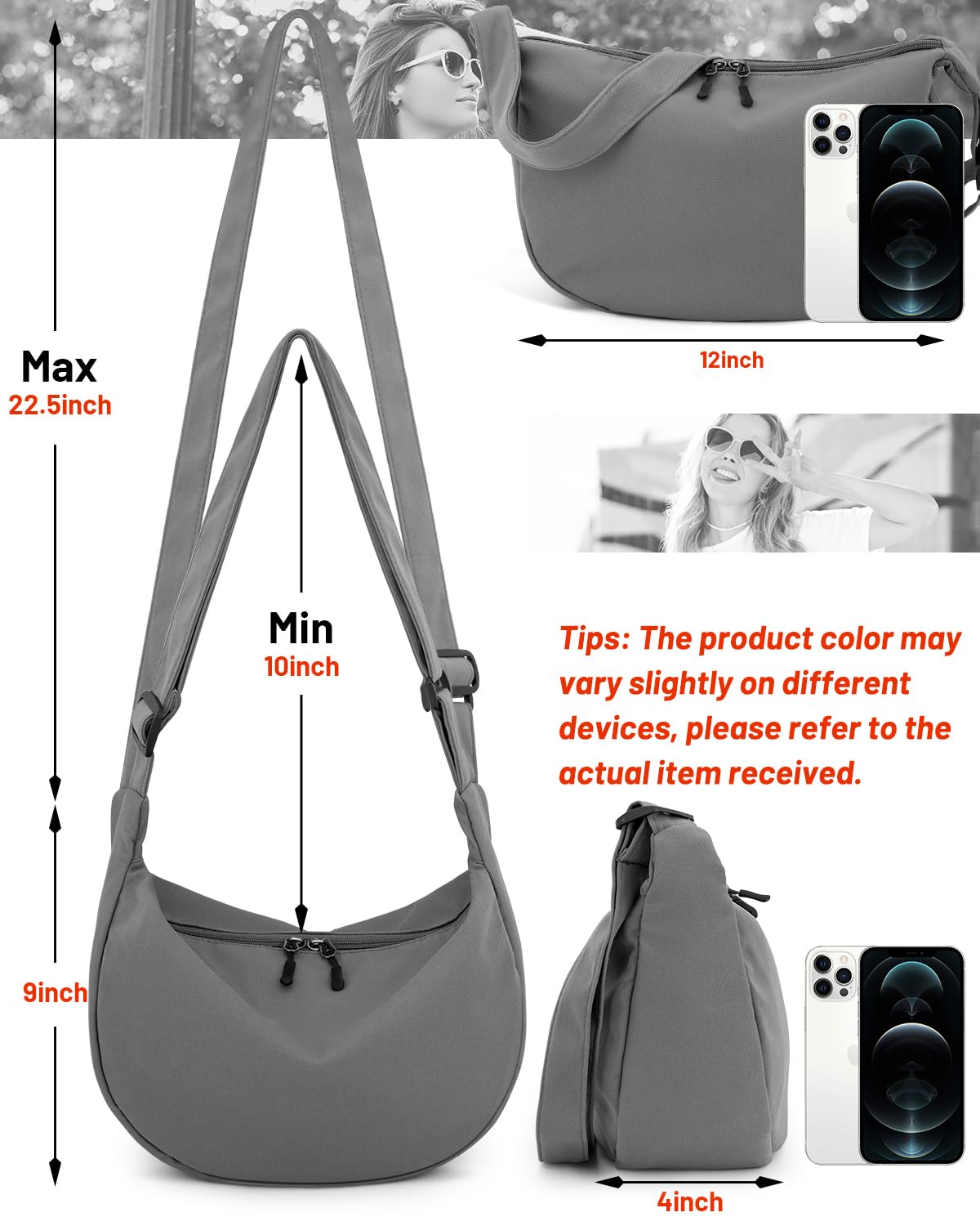Bolso bandolera pequeño para mujeres y hombres, a la moda, mini bolsa de media luna con correa ajustable, 2 cremalleras bolsa de nailon ligero, Gris, Pequeño, Causal