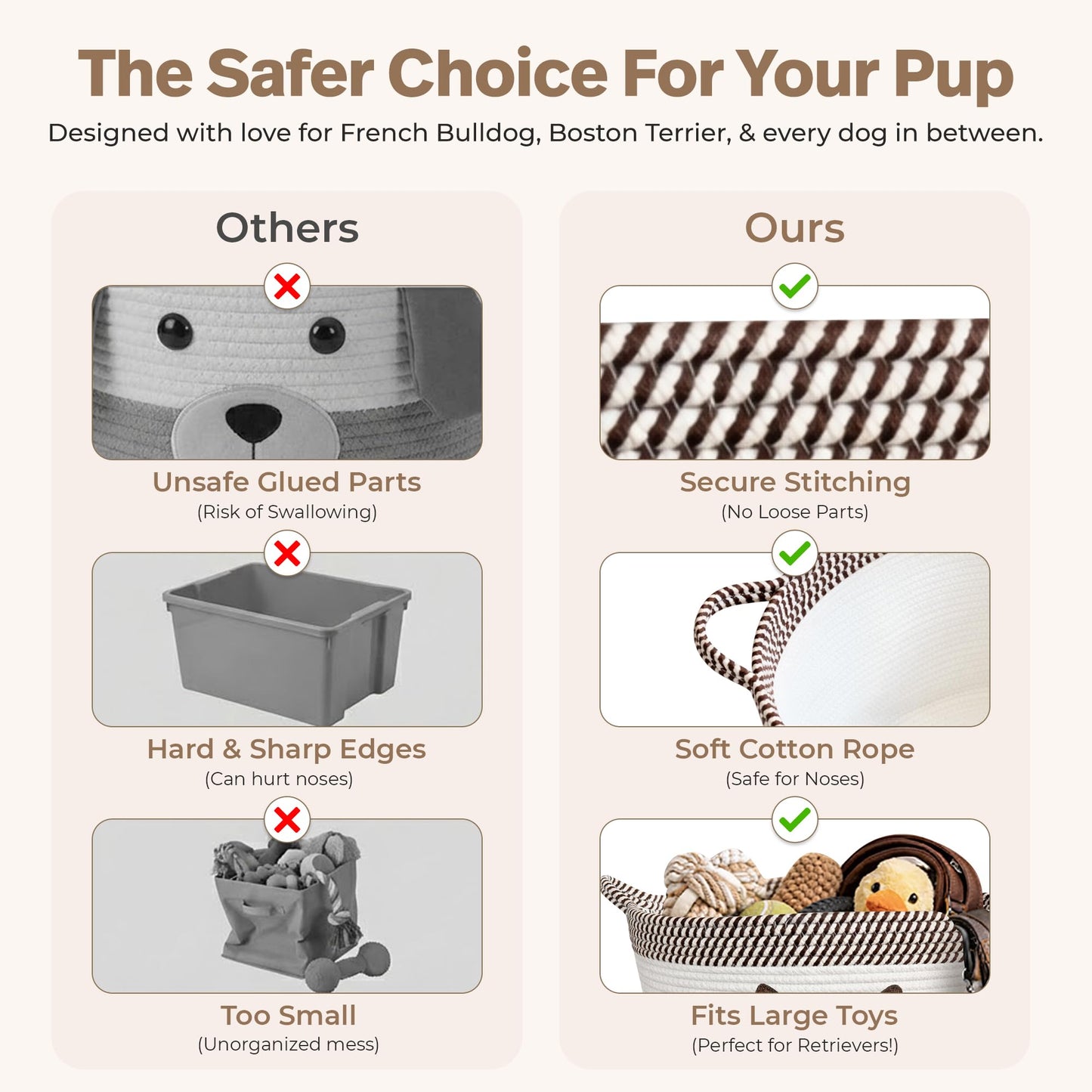 Cesta de juguetes para perros French Bulldog, Pug y Boston Terrier, cesta de almacenamiento tejida de cuerda de algodón de 15x11 pulgadas con parche de cachorro, organizador grande para mascotas para