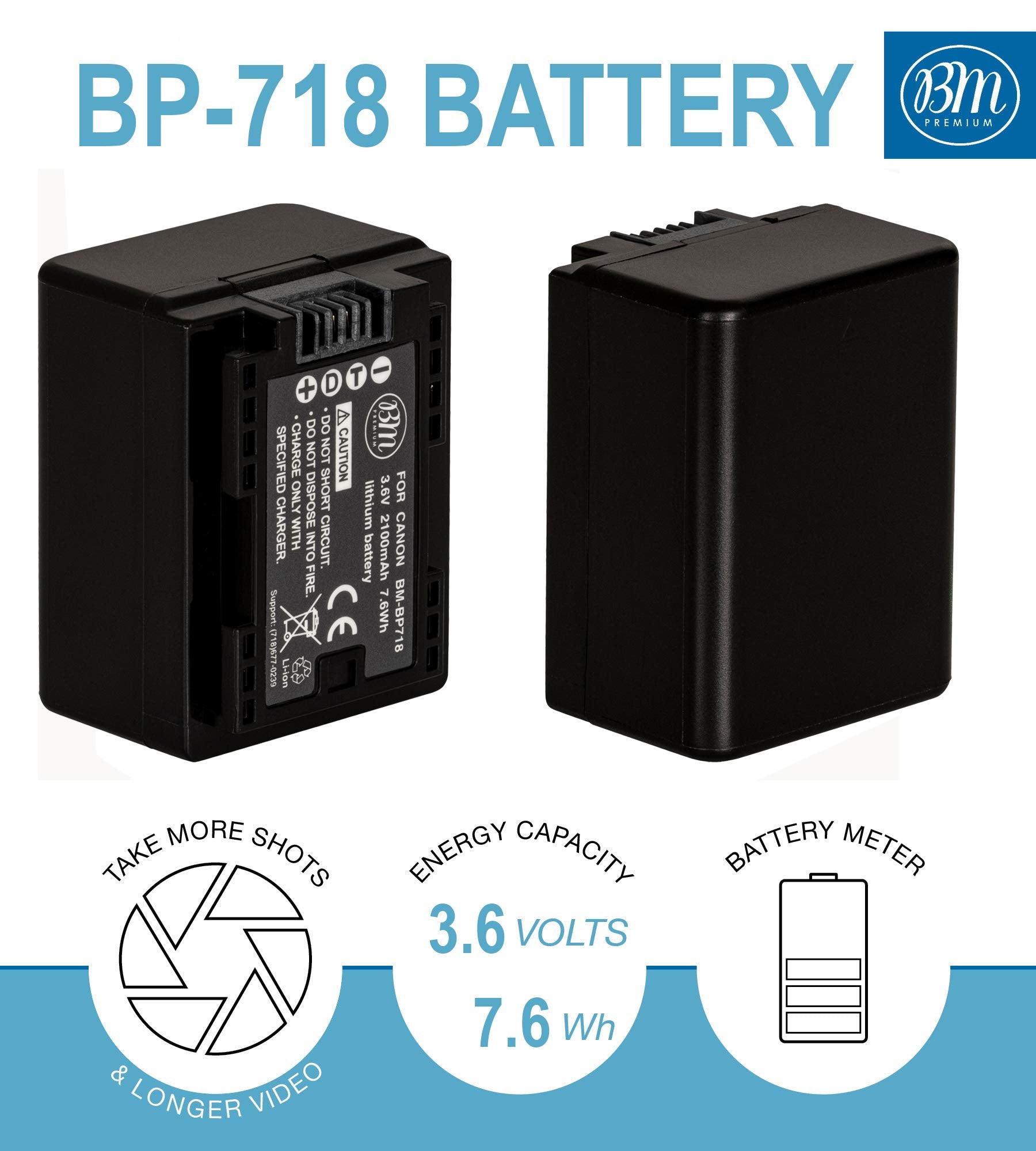BM Premium Pack Of 2 BP-718 Batteries Fully Decoded & Battery Charger for Canon Vixia HFM50, HFM52, HFM500, HFR30, HFR32, HFR300, HFR40, HFR42, HFR400, HFR50, HFR52, HFR500, HFR60, HFR62, HFR600 Camcorder + More!!!