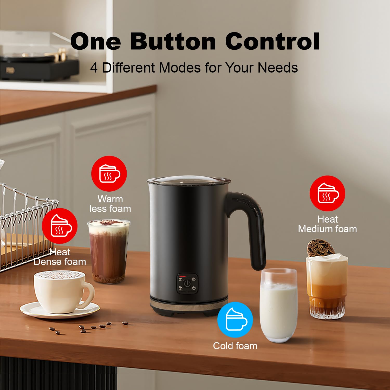 LONGDEEM Espumador de Leche Eléctrico 4 en 1, Negro, Acero Inoxidable, 300 ml, Apagado Automático