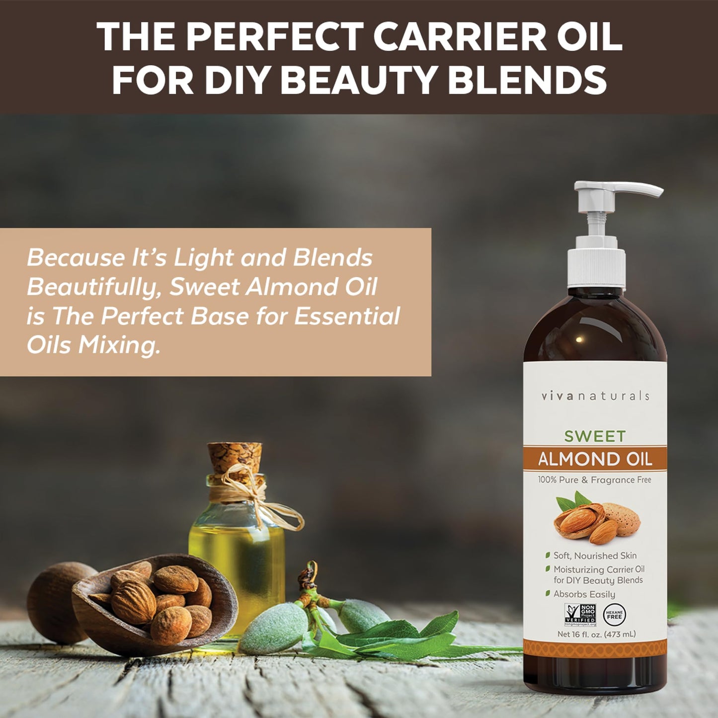 Viva Naturals Sweet Almond Oil 16 fl oz, 100% Pure and Hexane Free, Ideal for Skin and Hair