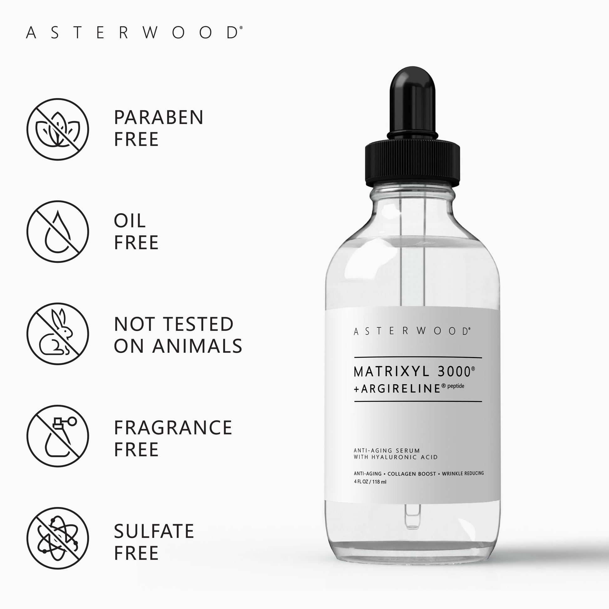 MATRIXYL 3000 + ARGIRELINE Peptide 4 oz Serum + Organic Hyaluronic Acid - Wrinkle Aging Fighting - Powerful Line Remover & Collagen Booster ASTERWOOD NATURALS Liquid Face Lift in a Bottle