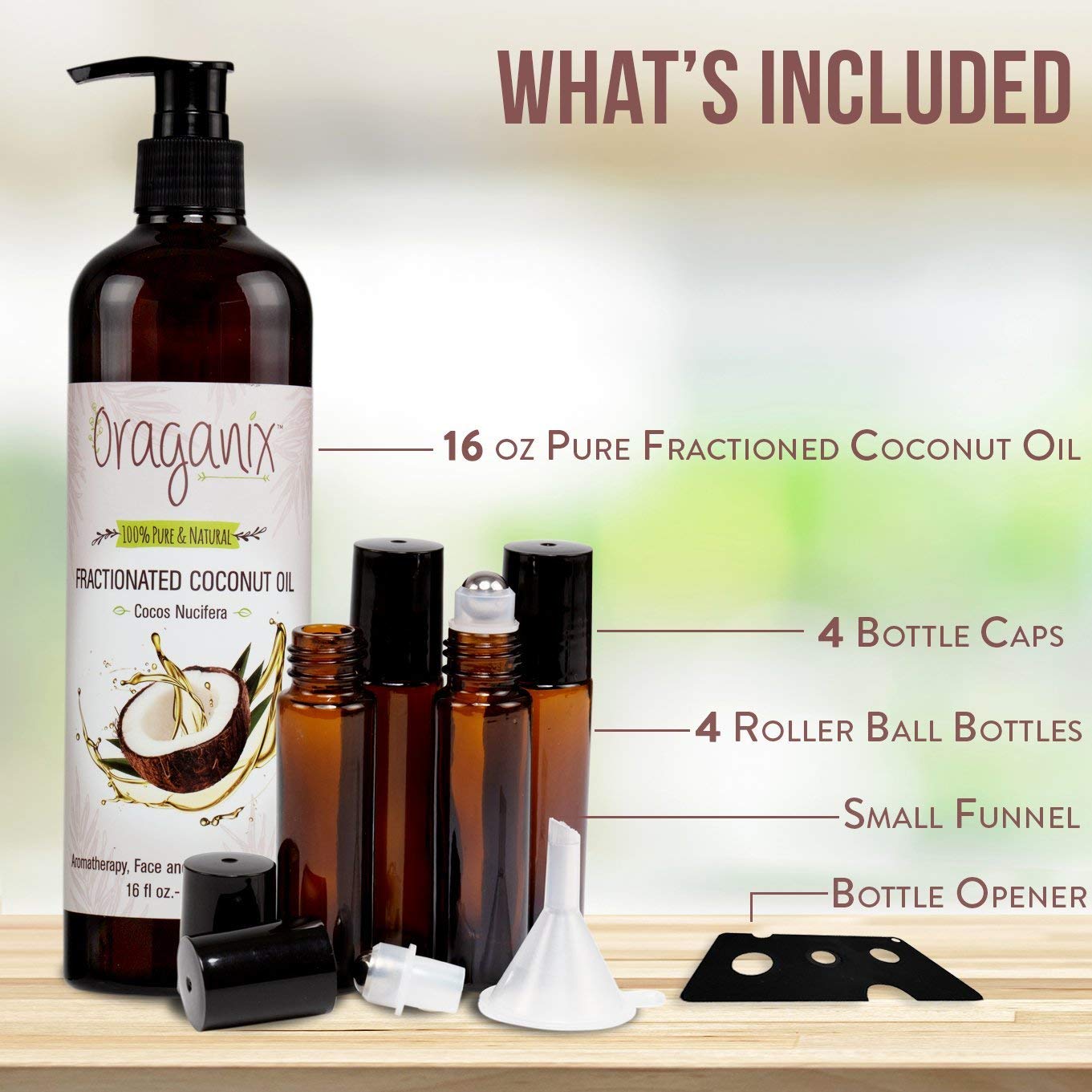 Oraganix Fractionated Coconut Oil with Roller Bottles - 100% Pure Natural 16 Oz Coconut Oil, 2ml Essential Oil Roller Bottles, Caps, Funnel and Bottle Opener - for Massage Oil, Skin and Hair Care