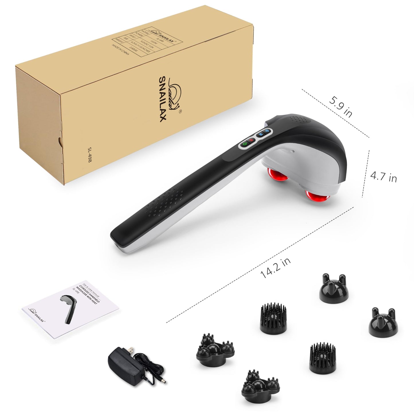 Snailax Masajeador de espalda inalámbrico de mano con calor, masajeador de percusión de tejido profundo, 3 juegos de cabezales giratorios duales, masajeador de mano recargable para cuello, hombros, pantorrilla, piernas