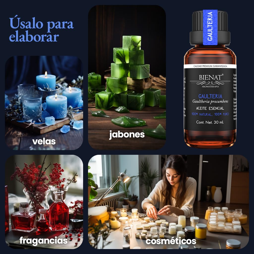 BIENAT AROMATERAPIA Aceite Esencial de Gaulteria 30mL | 100% Puro y Concentrado | Ideal para Difusor de Aromas, Humidificador, Aromaterapia, Masajes, Meditación, Jabones y Velas | Esencia Natural en Gotas