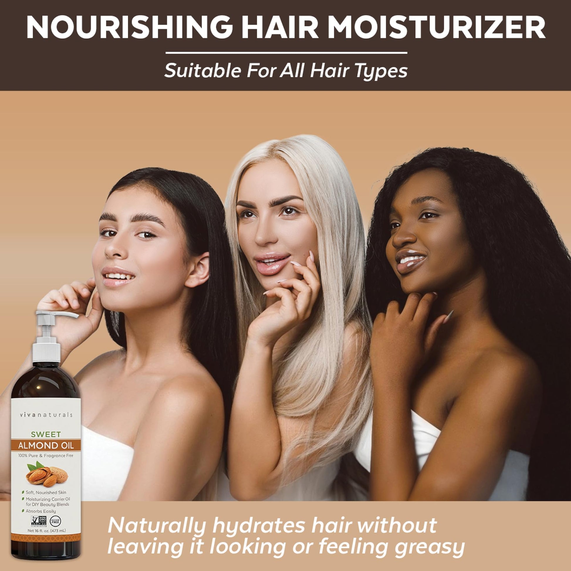 Viva Naturals Sweet Almond Oil 16 fl oz, 100% Pure and Hexane Free, Ideal for Skin and Hair