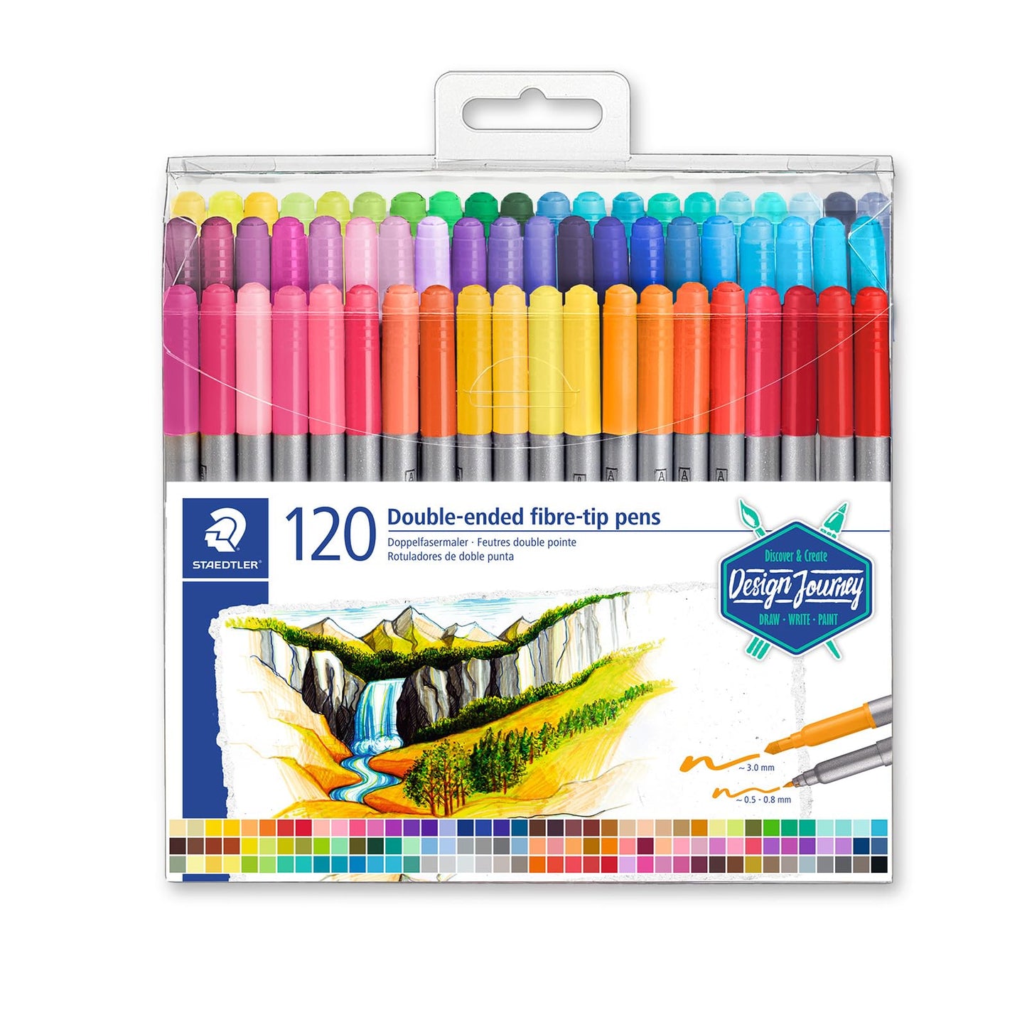 Staedtler bolígrafos de punta de fibra de doble punta, tinta lavable, puntas de escritura fina y negrita, 120 colores surtidos, 3200 TB120, multicolor (3200 TB120ST)