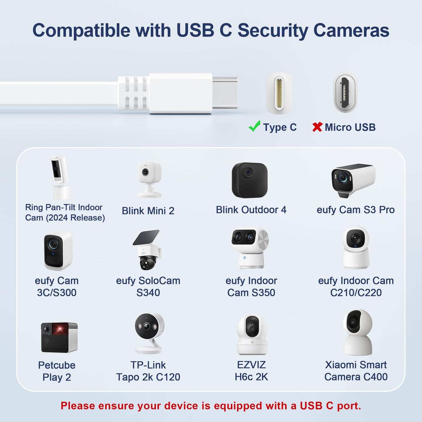 Itramax Cable de Carga Plano USB A a USB C para Cámara 9M Lote de 2,Blanco