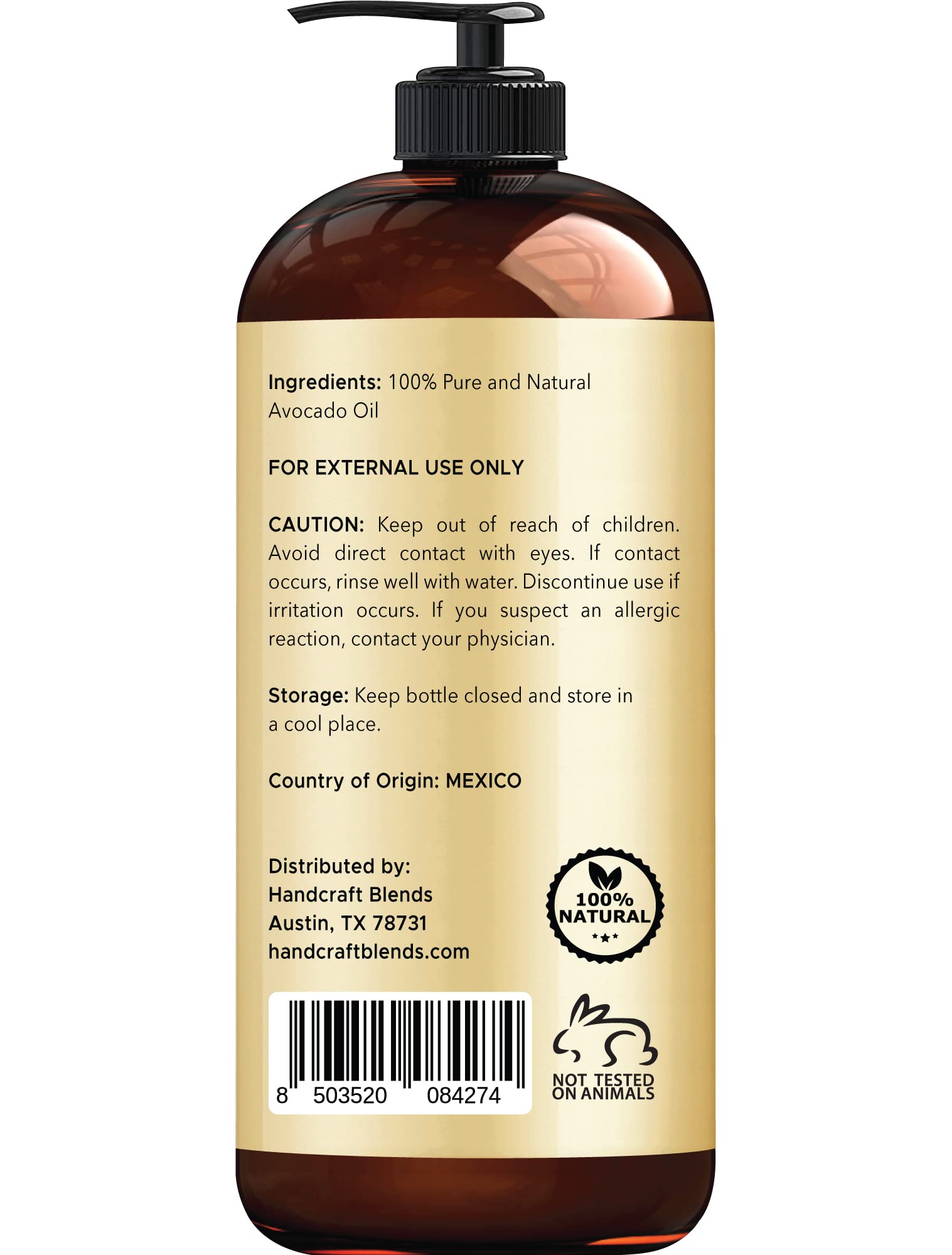 Handcraft Blends Aceite de aguacate artesanal 16 onzas líquidas, 100% puro y natural, aceite para el cabello, aceite portador para aromaterapia, aceite de masaje, hidratante corporal y piel y lubricante, prensado en frío, sin hexano, botella puede variar