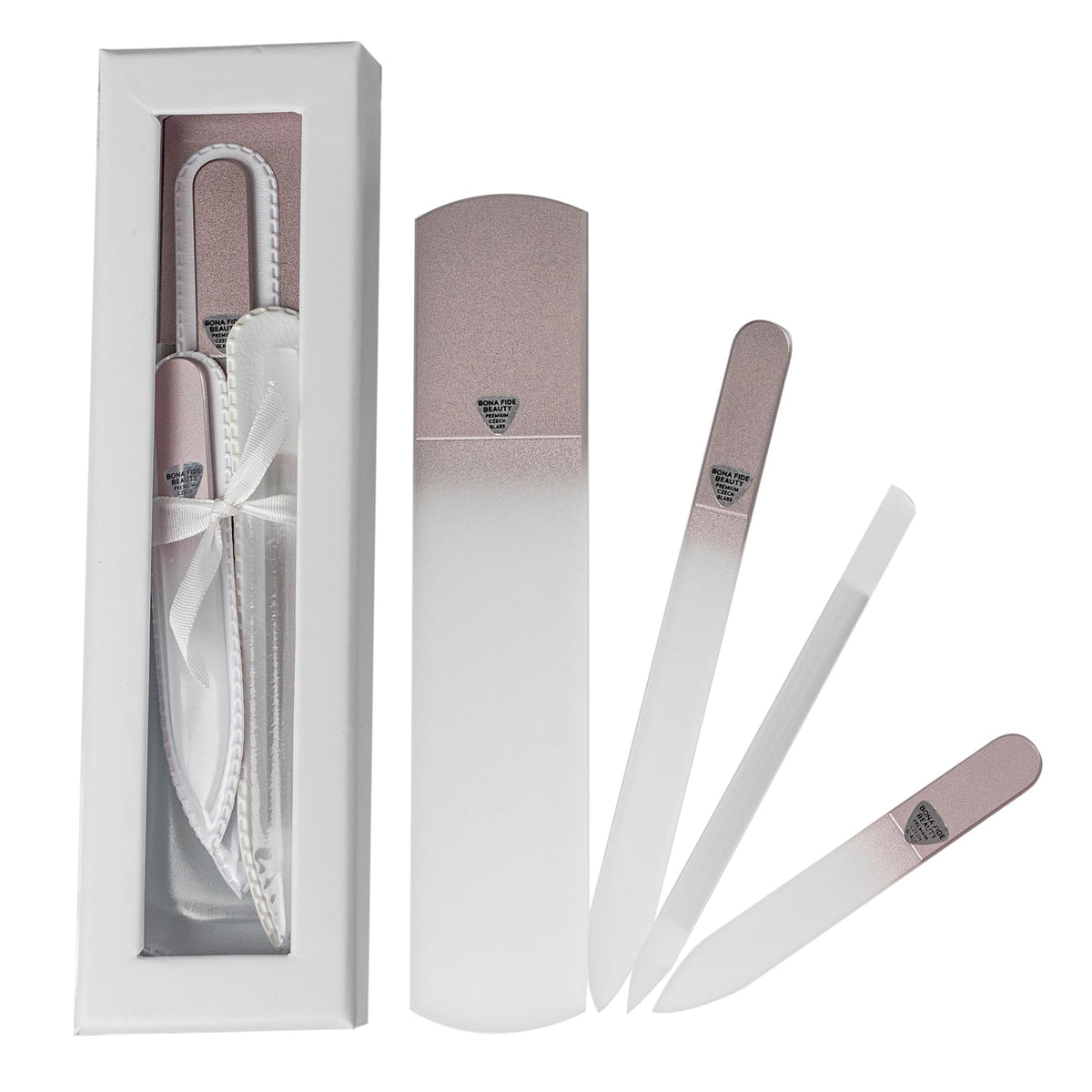 BONA FIDE BEAUTY Juego de Regalo de Pedicura de Manicura de Cristal Checo Hecho A Mano para Mujer, Juego de Regalo de 4 Piezas En Oro Rosa Con Lima de Pie de Vidrio, Empujador de Cutícula, Mini Lima y