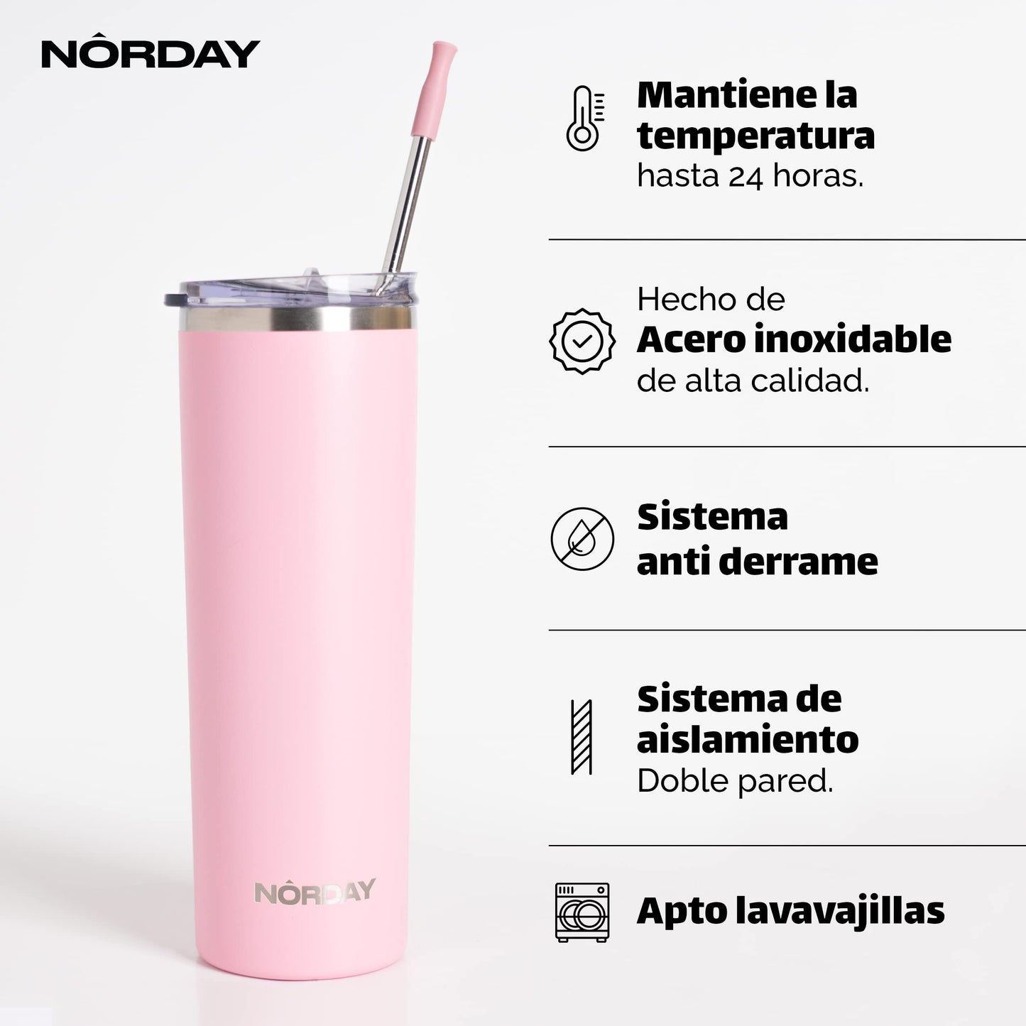 Vaso Térmico NORDAY Rosa Claro 22 oz Acero Inoxidable Antiderrame Doble Pared para Viaje