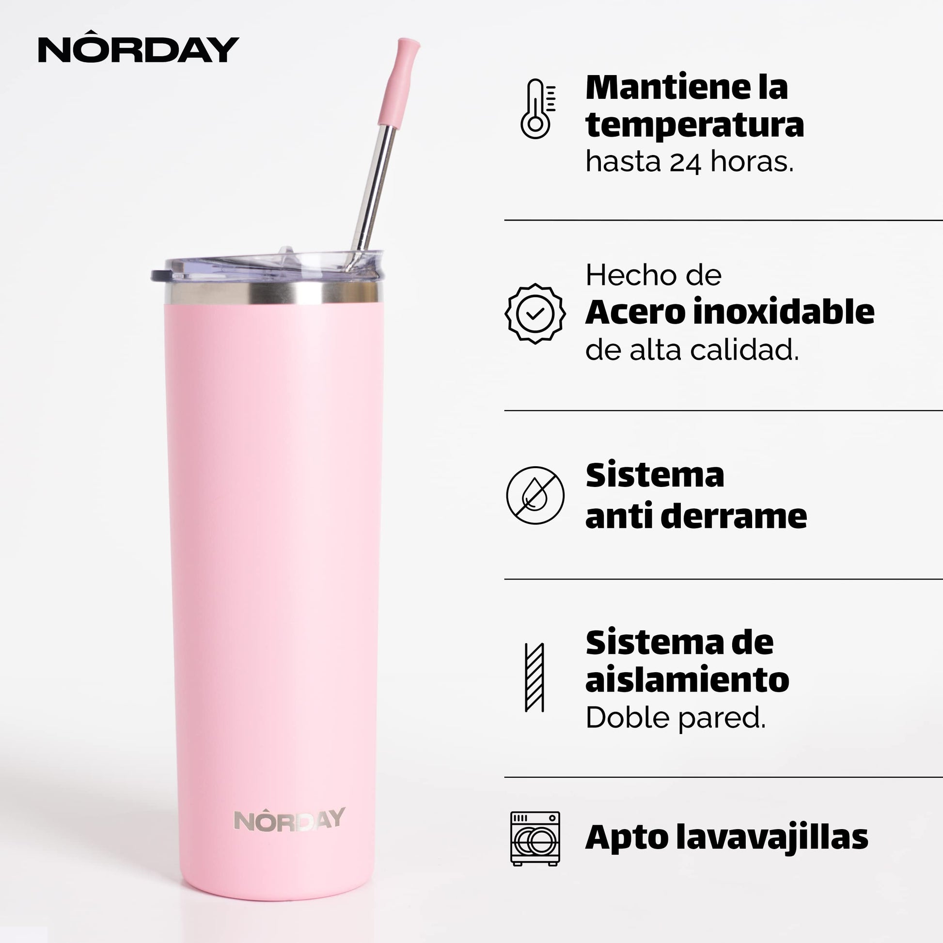Vaso Térmico NORDAY Rosa Claro 22 oz Acero Inoxidable Antiderrame Doble Pared para Viaje