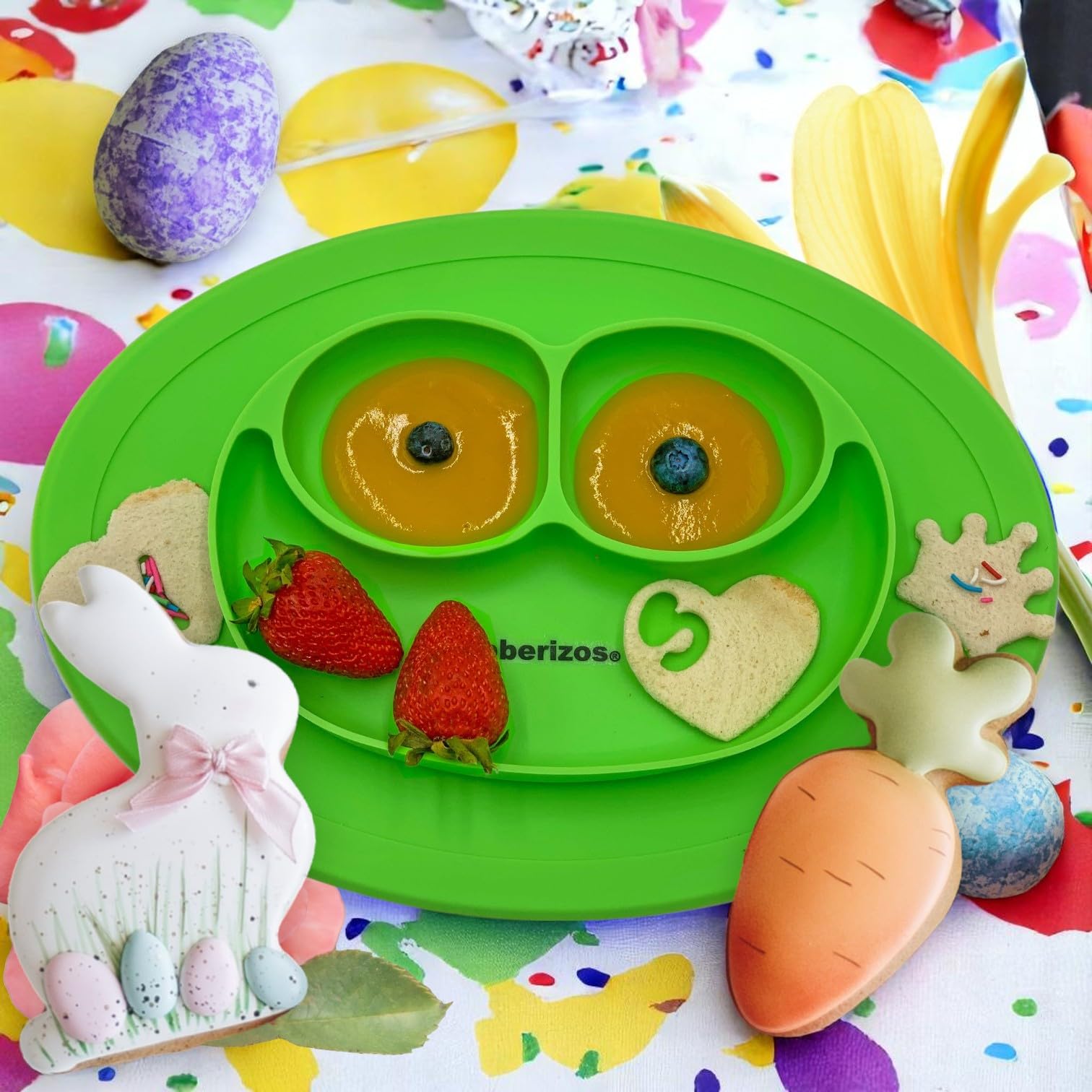 Bberizos| Plato y Cuchara de Silicona Grado Alimenticio para Niño Niña con Divisiones para Alimentos Snacks Papillas Libre de BPA PVC (Verde)
