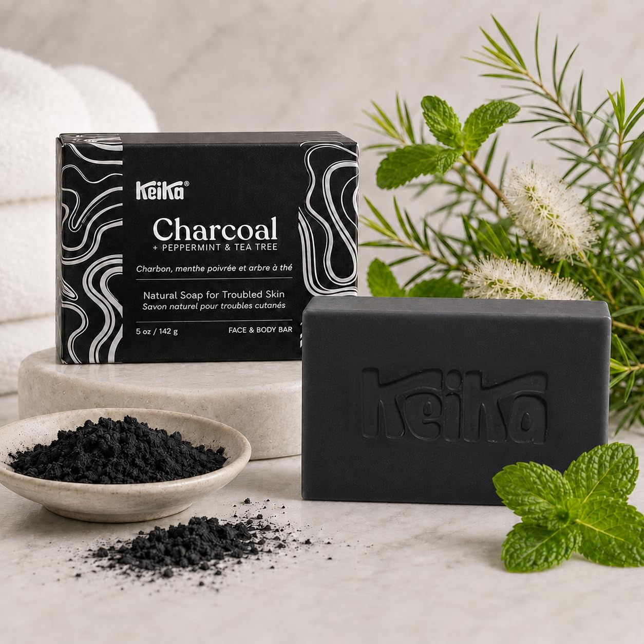Keika Naturals Barra de jabón negro carbón para acné, eczema, psoriasis, cara, cuerpo, hombres mujeres adolescentes con piel grasa, 5 onzas, 1-paquete
