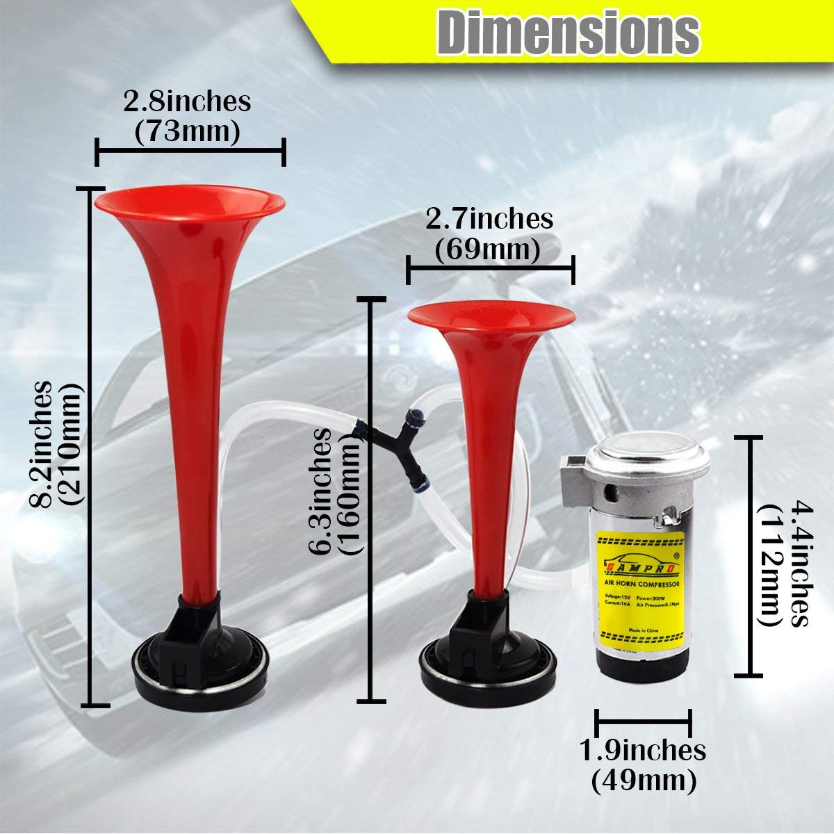 GAMPRO Bocina de aire de 12 V 135 db, bocina de aire de doble trompeta con compresor, súper fuerte y potente sonido brillante para cualquier vehículo de 12 V, camiones, trenes, barcos, coches, furgoneta
