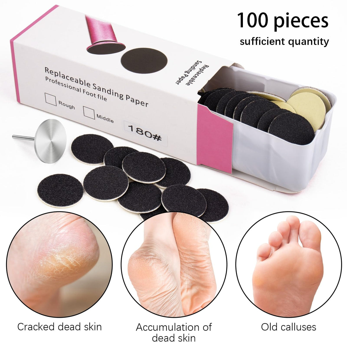 Difenni - Disco de lija con broca de metal para uñas, disco de lija de pedicura, 100 discos de papel de lija de 25 mm, grano #180 para pedicura (negro)