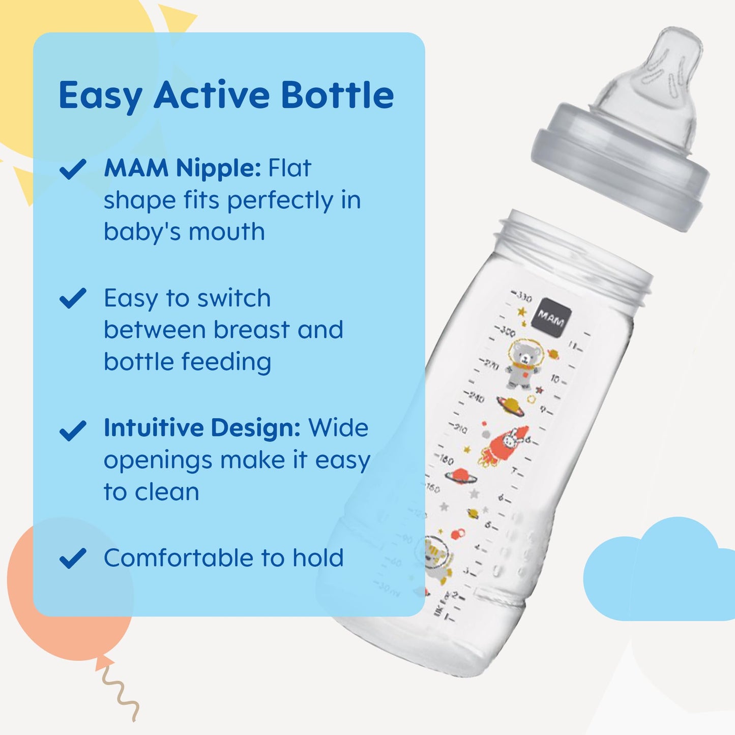 MAM Easy Active Biberón para bebé, cambia entre el pecho y para limpiar, más de 4 meses, niño, (paquete de 2)