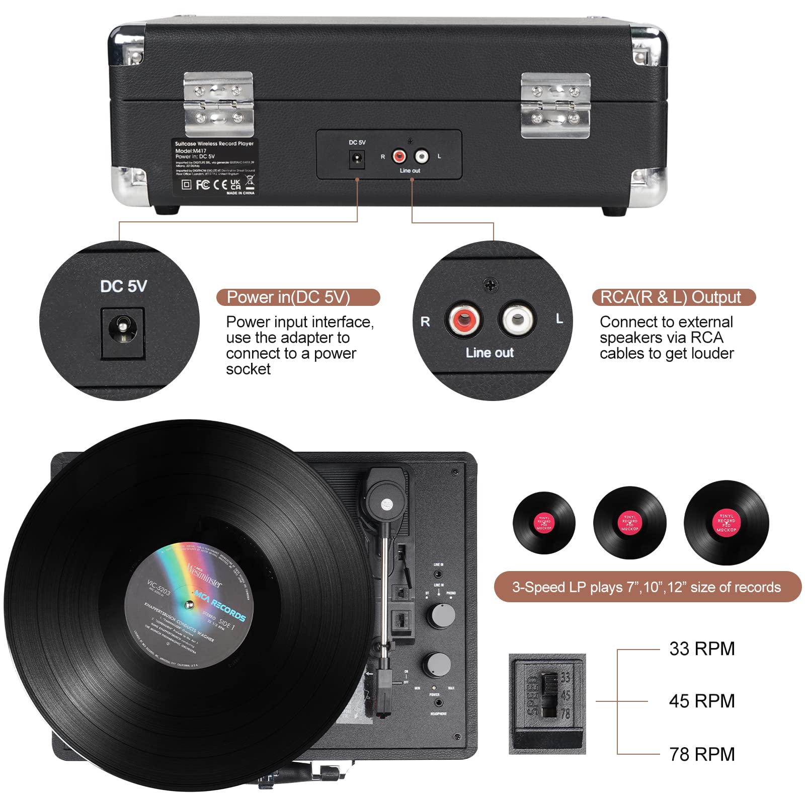 DIGITNOW Reproductor de grabación de tocadiscos de 3 velocidades con altavoces estéreo integrados, soporta salida USB/RCA, conector para auriculares, MP3/teléfonos móviles, reproducción de música, diseño de maleta (negro)