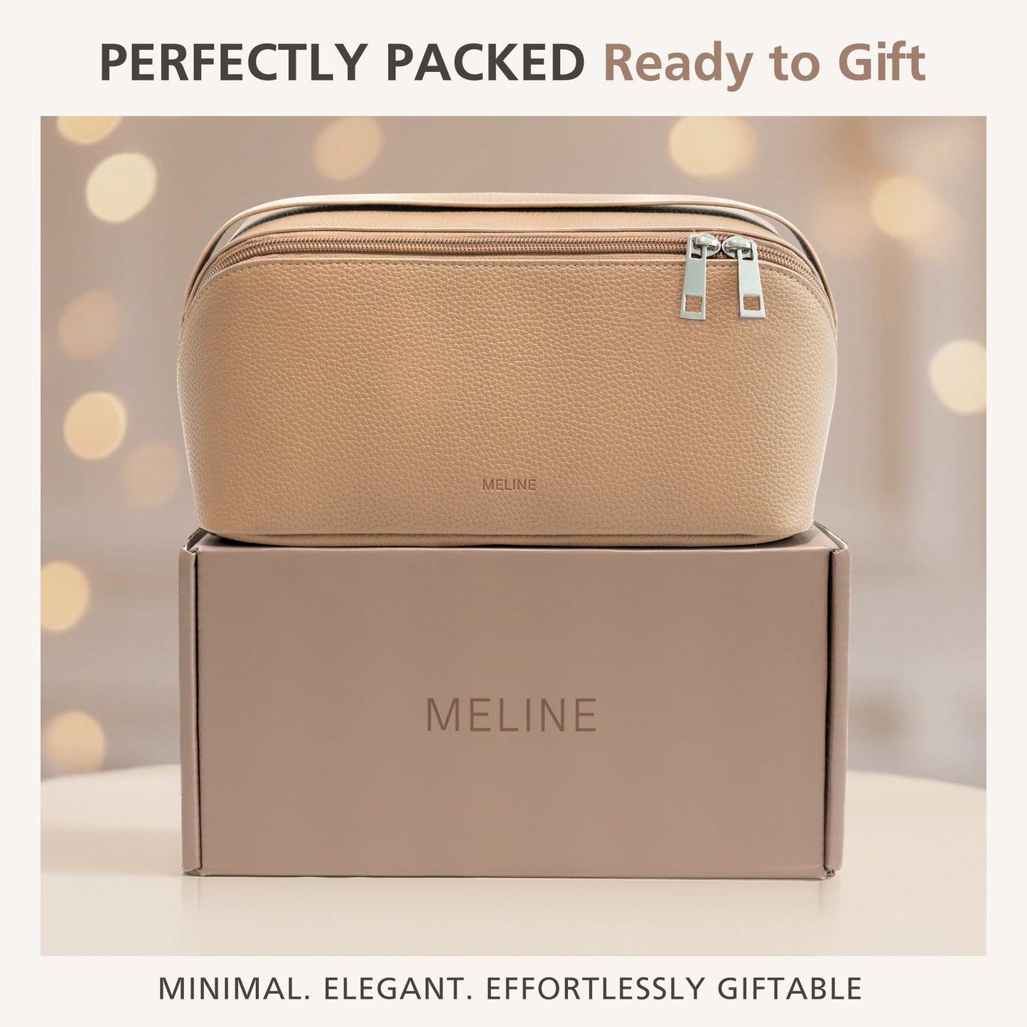 MELINE - Bolsa de maquillaje de viaje - Organizador de cosméticos y artículos de cambiador de gran capacidad con divisor y asa, diseño plano impermeable, bolsa portátil para mujer, gris topo, Bolsa de