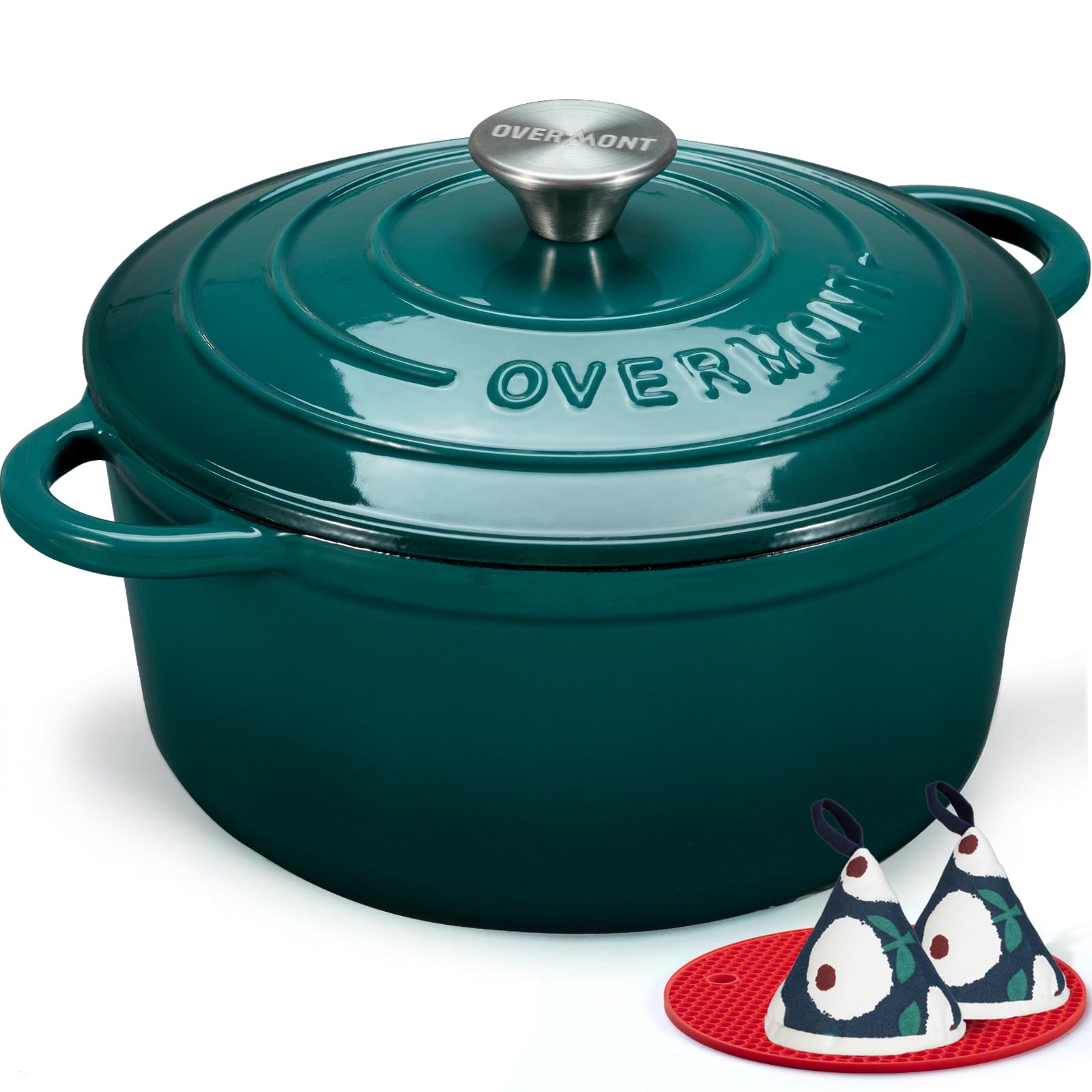 Overmont - Horno holandés de hierro fundido esmaltado, utensilios de cocina de 4,5 cuartos con tapa de algodón resistente al calor, olla esmaltada resistente con tapa para estofados, asar pan y