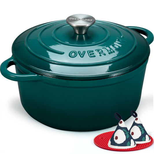 Overmont - Horno holandés de hierro fundido esmaltado, utensilios de cocina de 7 cuartos con tapas de algodón resistentes al calor, olla de esmalte resistente con tapa para estofados, asar pan y