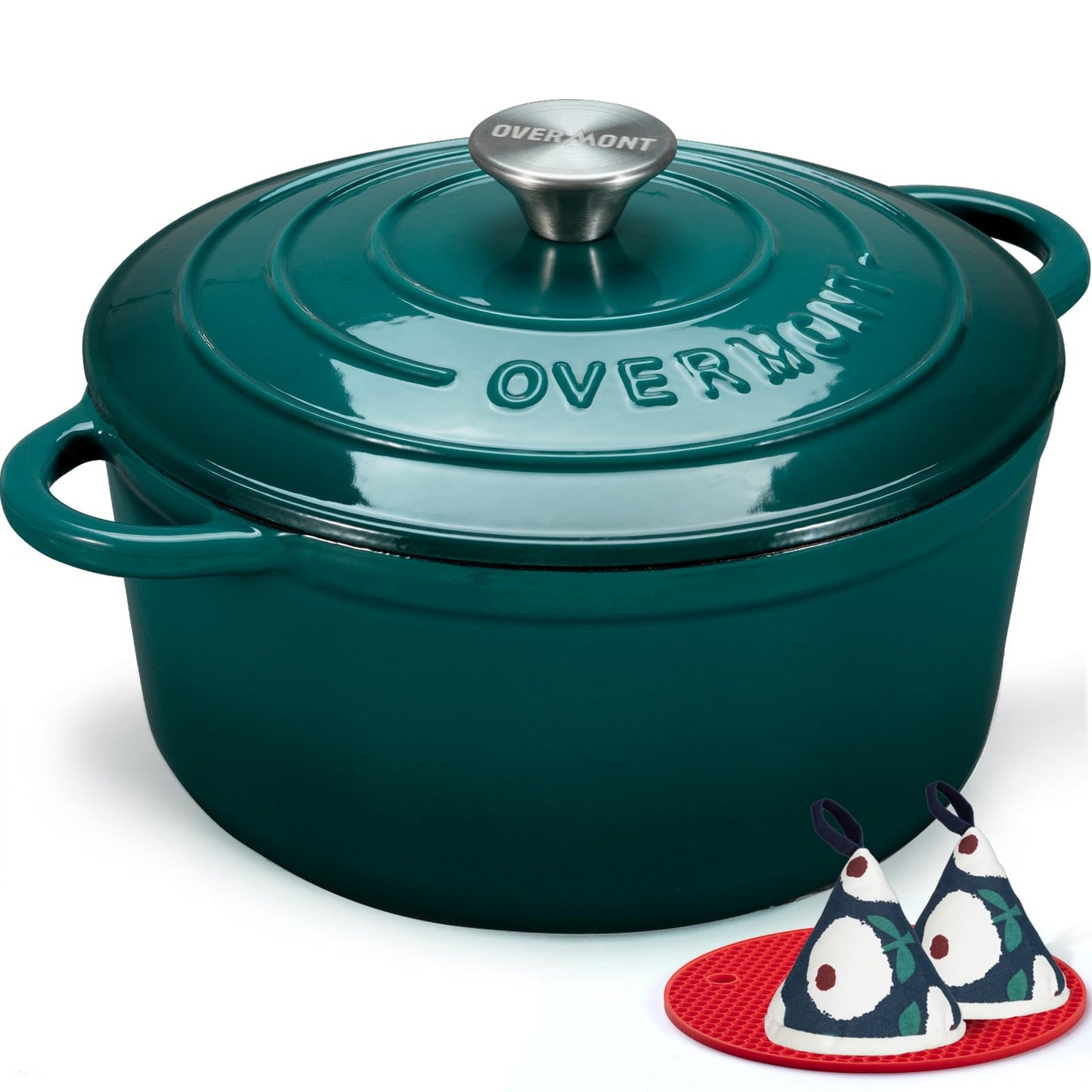 Overmont - Horno holandés de hierro fundido esmaltado, utensilios de cocina de 5,5 cuartos con tapa de algodón resistente al calor, olla esmaltada resistente con tapa para estofados, asar pan y
