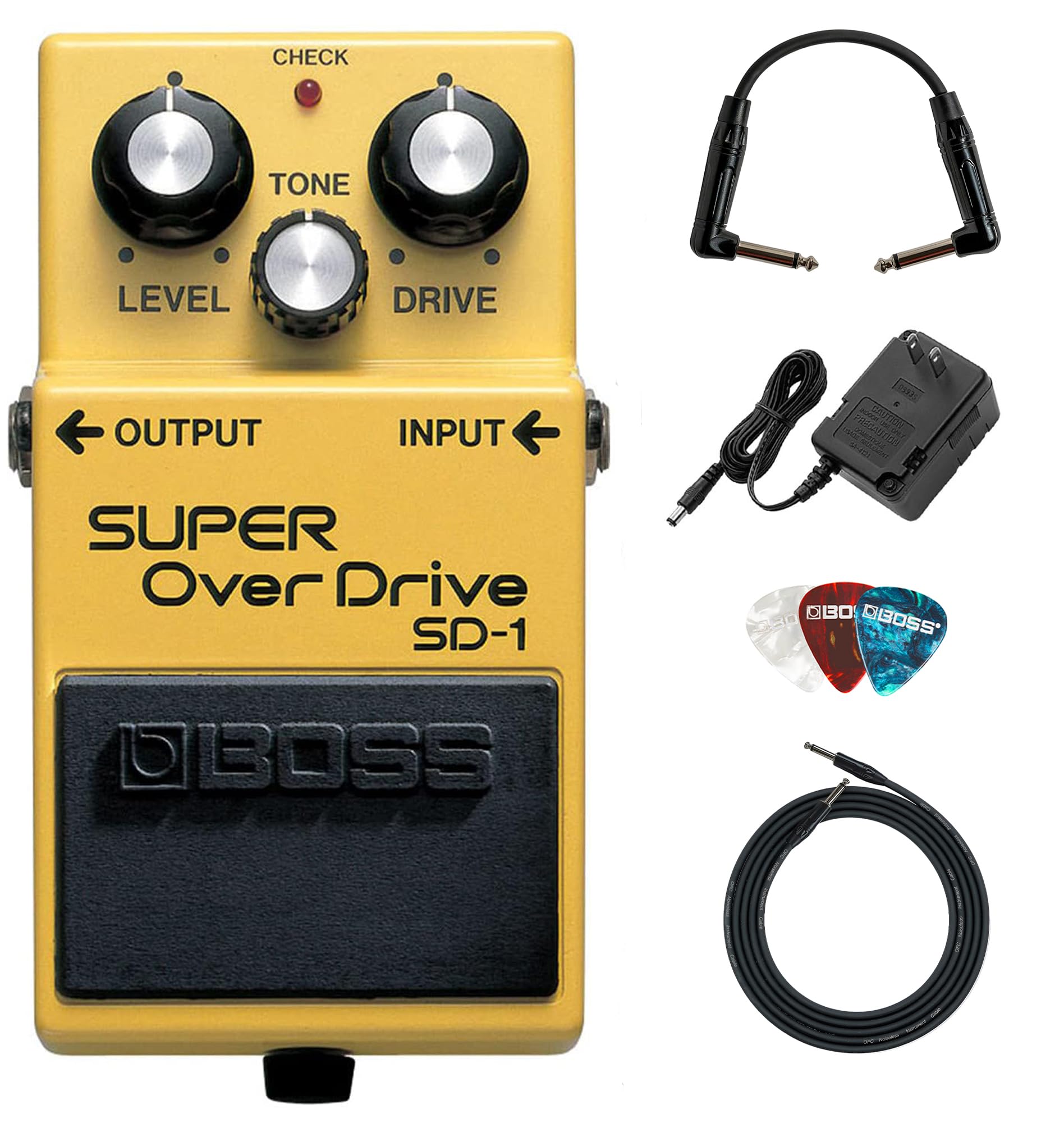 Boss SD-1 Super OverDrive Paquete con adaptador de corriente, cable de instrumento, cable de conexión y púas BOSS