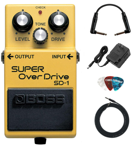 Boss SD-1 Super OverDrive Paquete con adaptador de corriente, cable de instrumento, cable de conexión y púas BOSS