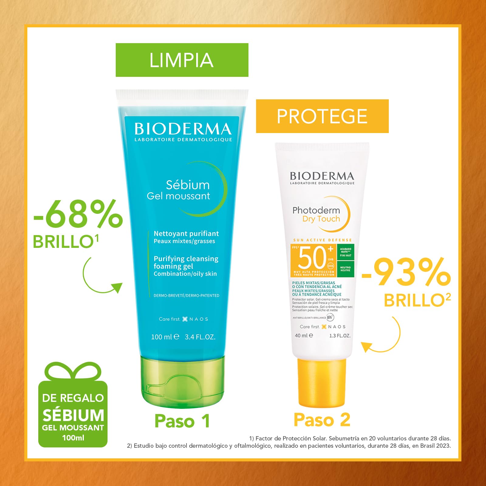BIODERMA, Pack Protector Solar Piel Mixta Grasa, Photoderm Dry Touch Neutro, Limpiador Facial Sébium Gel Moussant