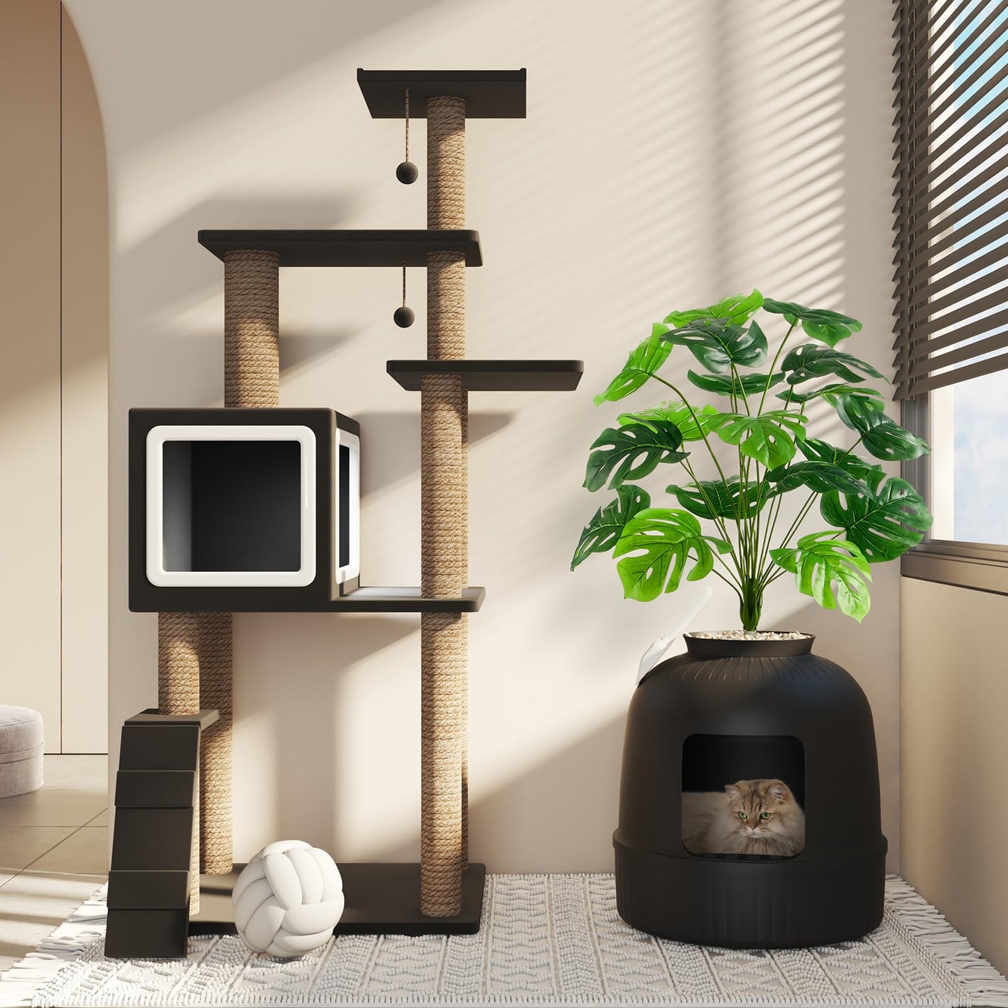 Lifewit Caja de Arena para Gatos con Plantas Ocultas, Plantas Artificiales y Caja de Arena Cerrada para Gatos, ventilación y Filtro de olores, fácil de Limpiar, Negro