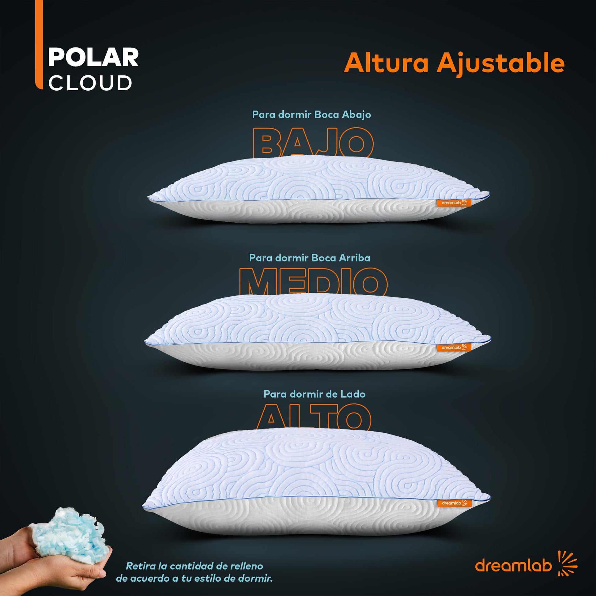 Almohada Dreamlab Polar Cloud Blanca Altura Ajustable Tamaño King Size Firmeza Media Hipoalergénica 2 Piezas