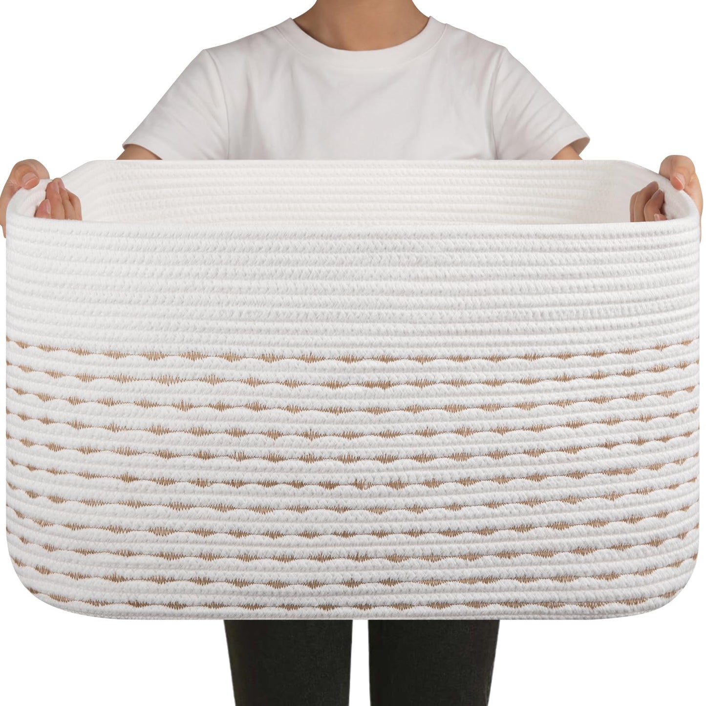 OIAHOMY - Cesta de manta de 75 l, cesta de cuerda de algodón tejida para organizar 22 x 17 x 12 pulgadas, utilizada para sala de estar, recámara, guardería, amarillo claro y blanco
