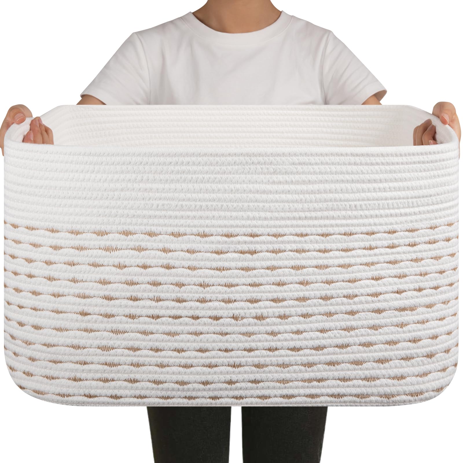 OIAHOMY - Cesta de manta de 75 l, cesta de cuerda de algodón tejida para organizar 22 x 17 x 12 pulgadas, utilizada para sala de estar, recámara, guardería, amarillo claro y blanco
