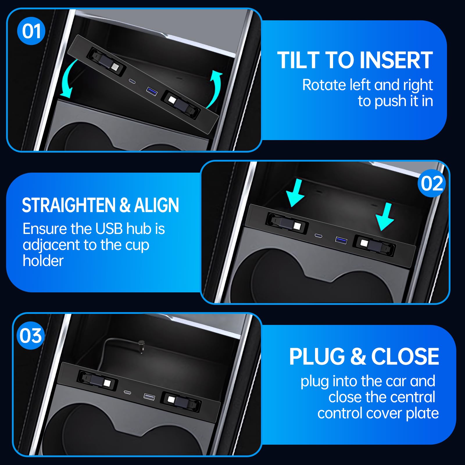DGXWLLW Hub USB para Tesla Model Y Juniper 2025 2026 Modelo 3 Highland 2024 2025 con diseño hundido, 99W 4 en 1 Multi puertos Cargador rápido con cable retráctil estación de acoplamiento adaptador de