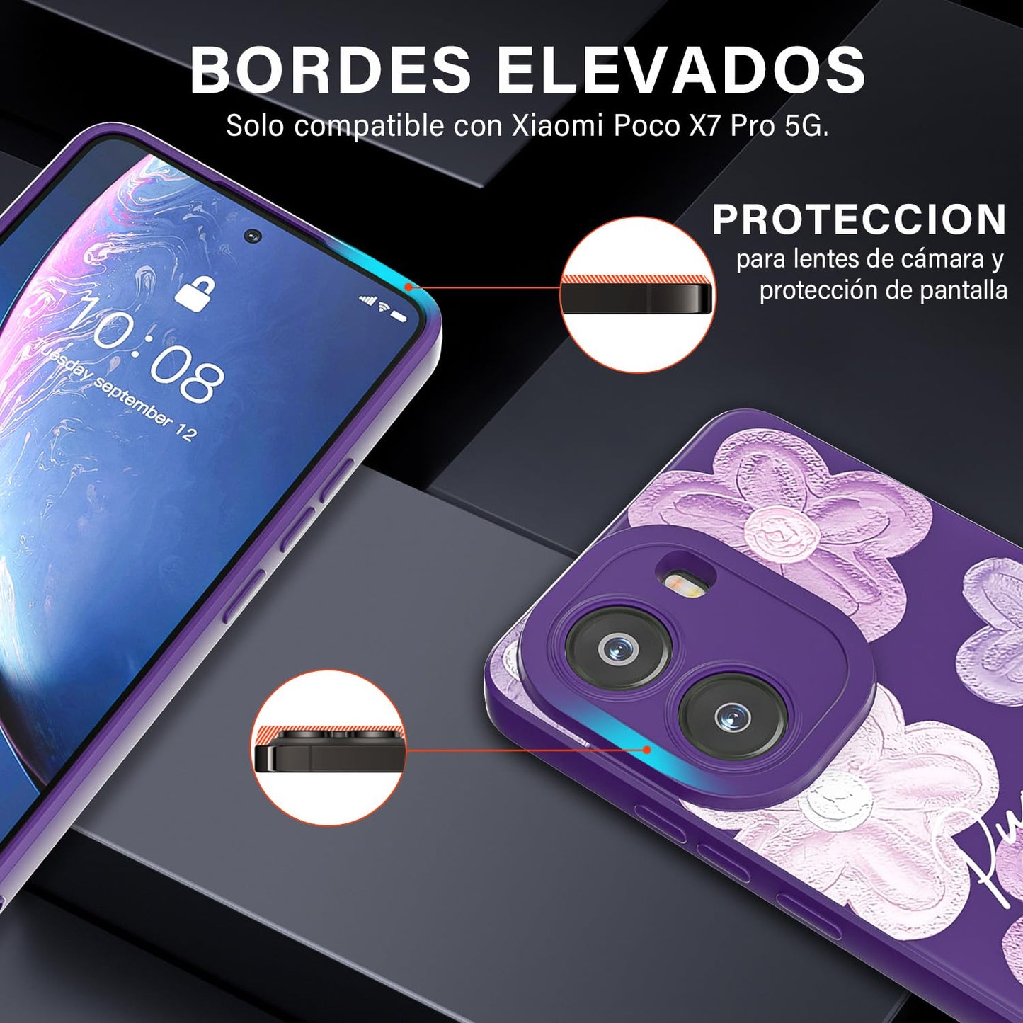 Threehao Funda para Xiaomi Poco X7 Pro 5G Case Uso Rudo, Ultra Delgado Flexible Morada Suave TPU Silicona Carcasa con Moda Aesthetic Dibujos Flores, Antigolpes Anti-arañazos Protectora